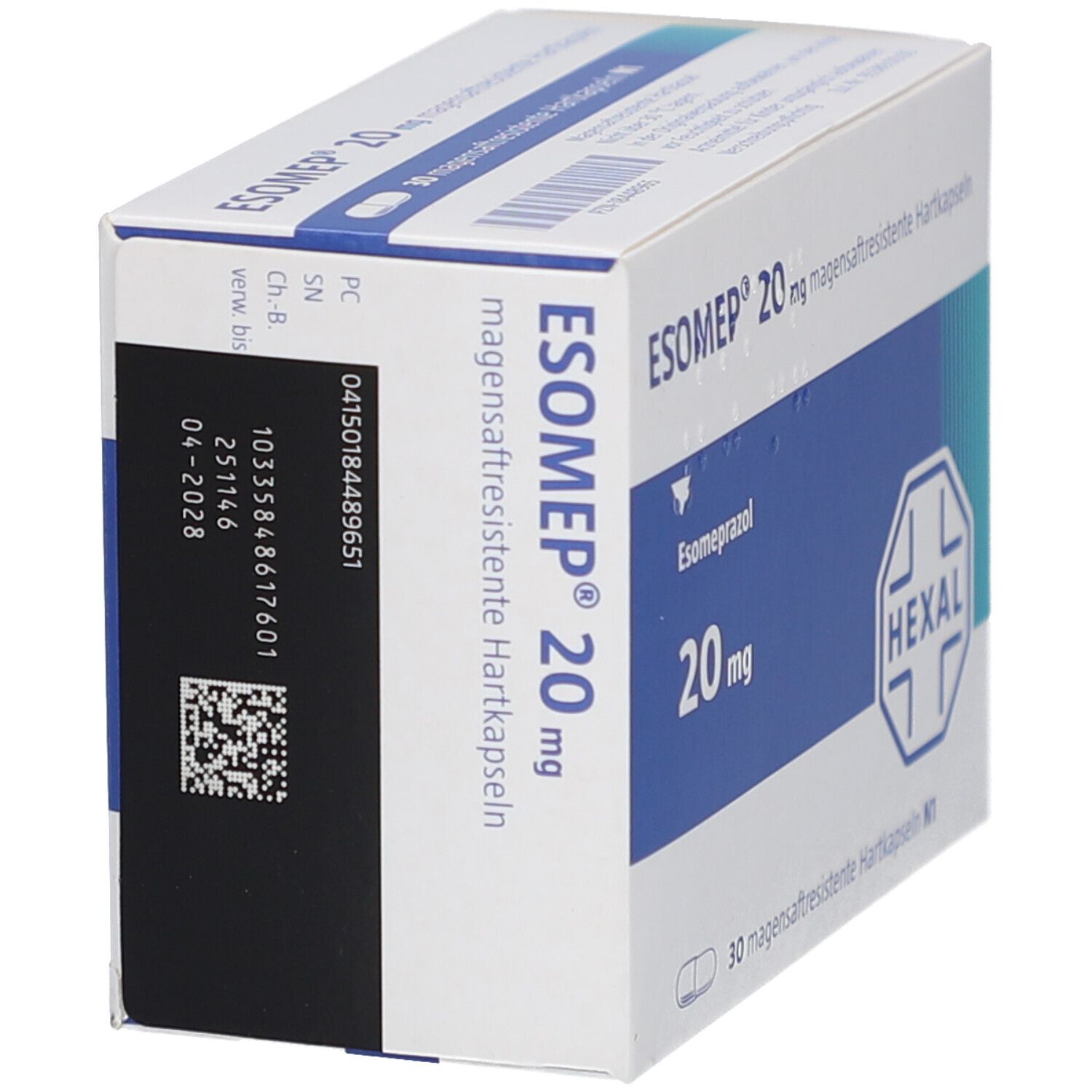 ESOMEP 20 mg Schachtel, schräg. Blaue und weiße Verpackung. HEXAL-Logo. Barcode und Chargennummer.