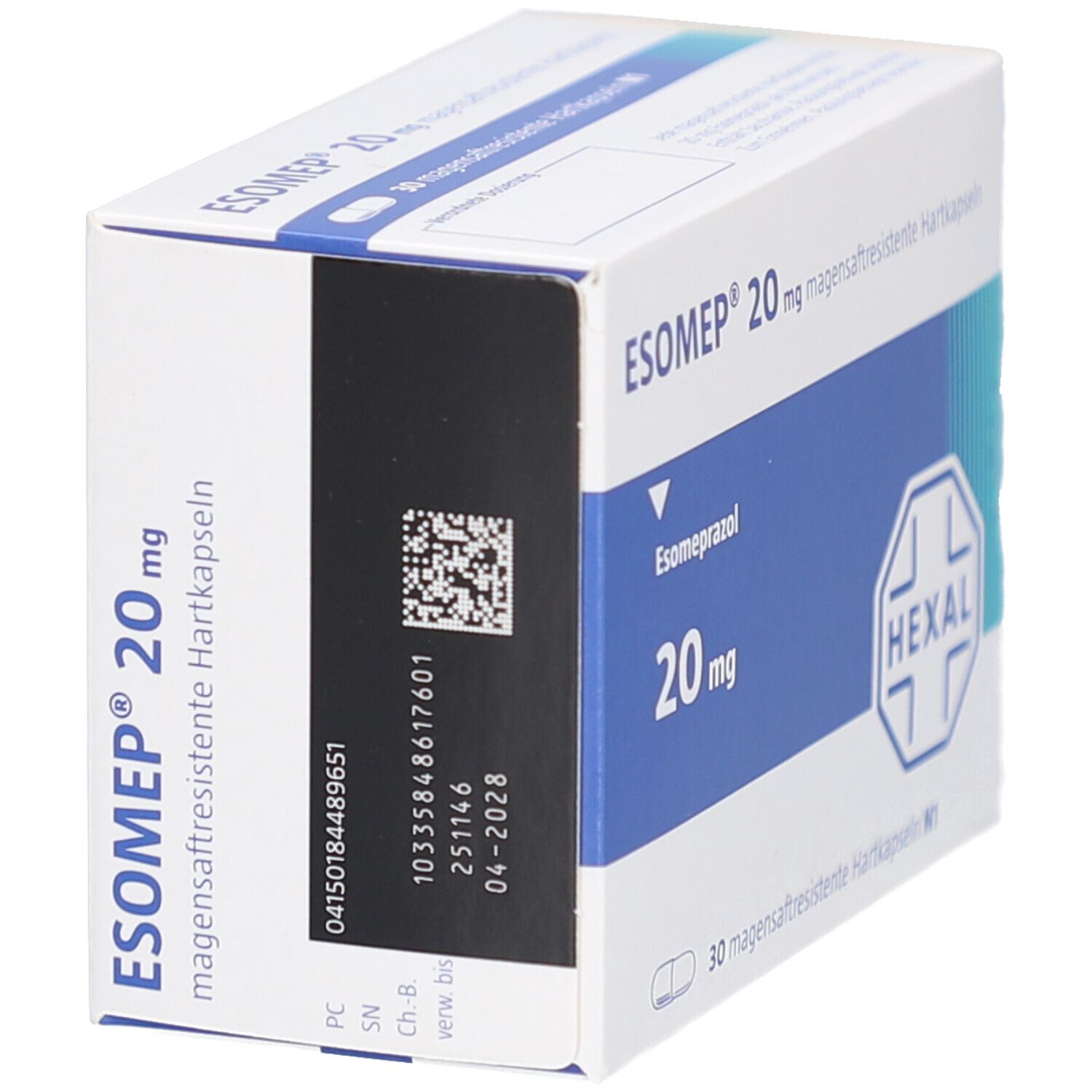 ESOMEP 20 mg Schachtel, schräg. Blaue und weiße Verpackung. HEXAL-Logo. Barcode und Chargennummer.