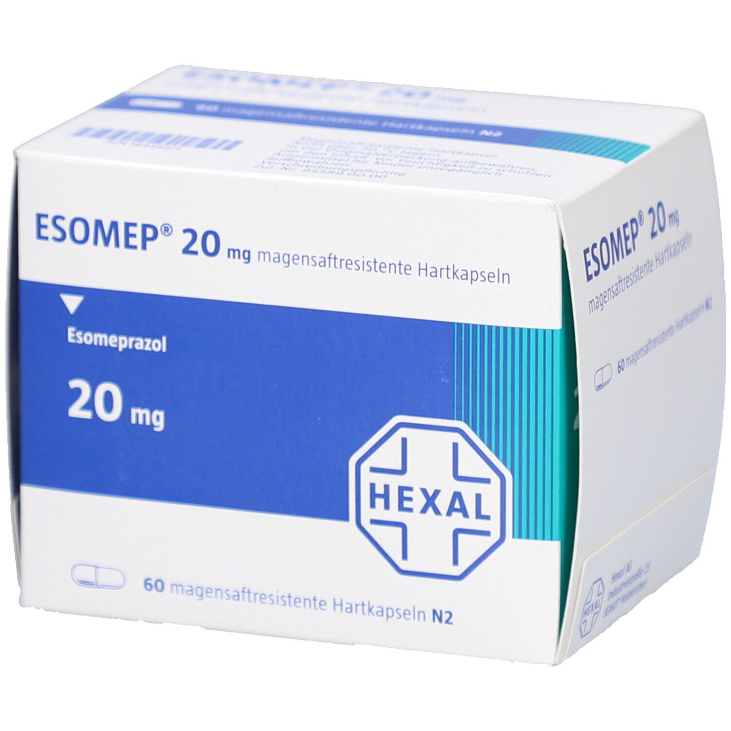 Schachtel mit ESOMEP 20 mg magensaftresistente Hartkapseln. Aufschrift: ESOMEP, 20 mg, Hexal-Logo. 60 Kapseln.