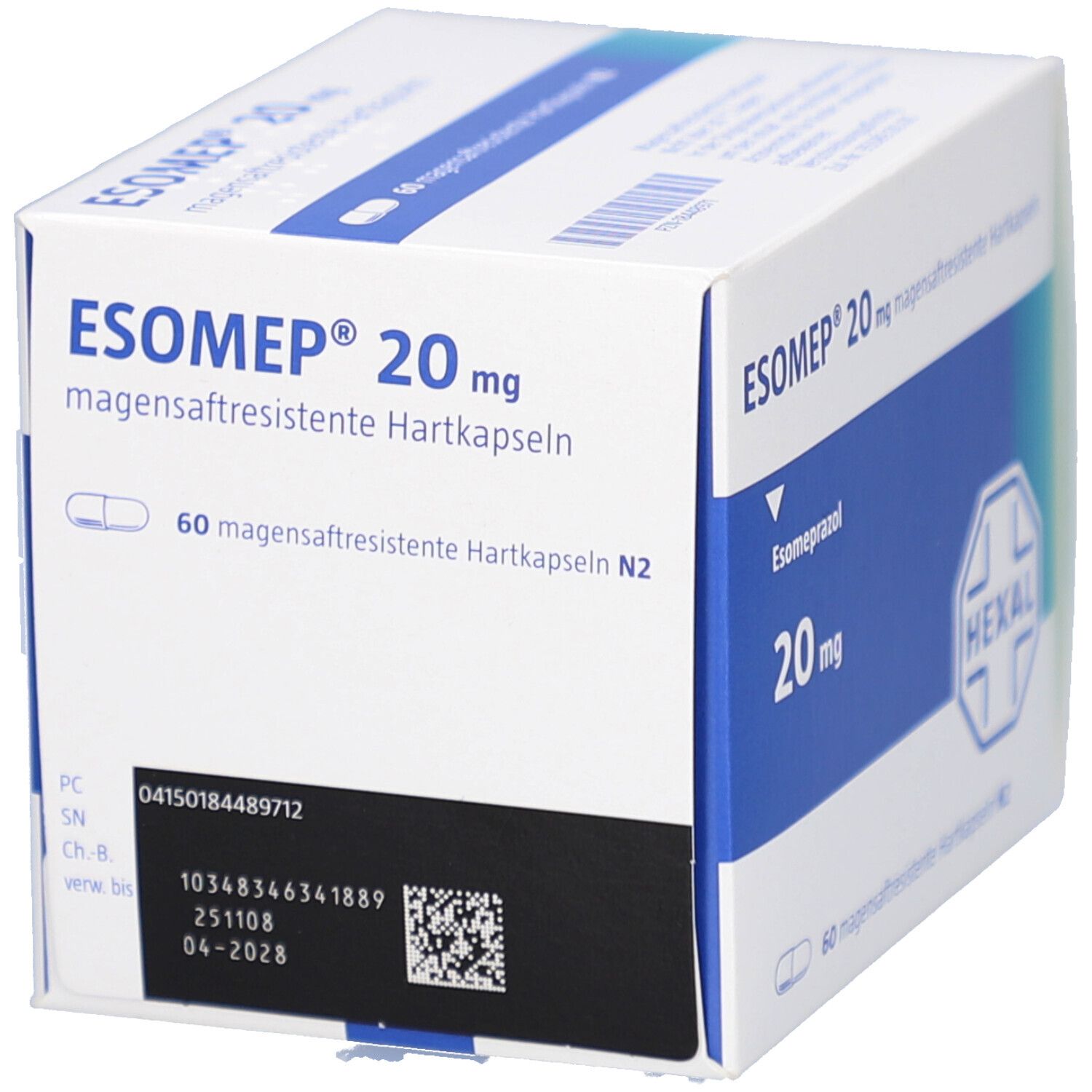 ESOMEP 20 mg Schachtel. Aufschrift: ESOMEP, 20 mg, Hexal-Logo. Enthält 60 magensaftresistente Hartkapseln. Mit Barcode und Verfallsdatum.