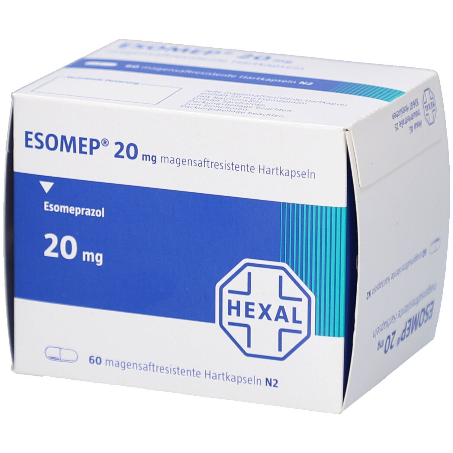 ESOMEP 20 mg Schachtel. Aufschrift: ESOMEP, 20 mg, Hexal-Logo. Enthält 60 magensaftresistente Hartkapseln.