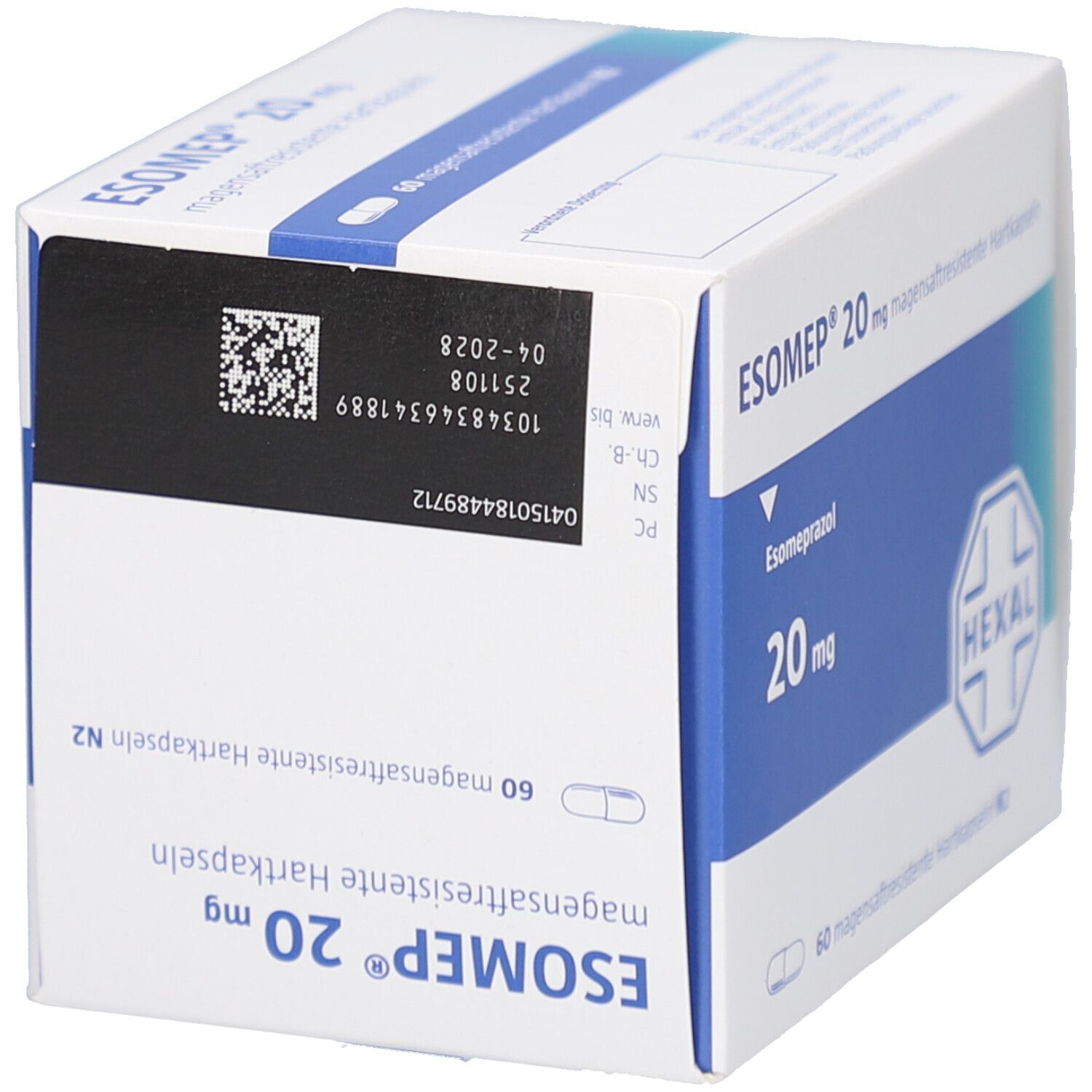 ESOMEP 20 mg Schachtel. Aufschrift: ESOMEP, 20 mg, Hexal-Logo. Enthält 60 magensaftresistente Hartkapseln. Mit Barcode und Verfallsdatum.