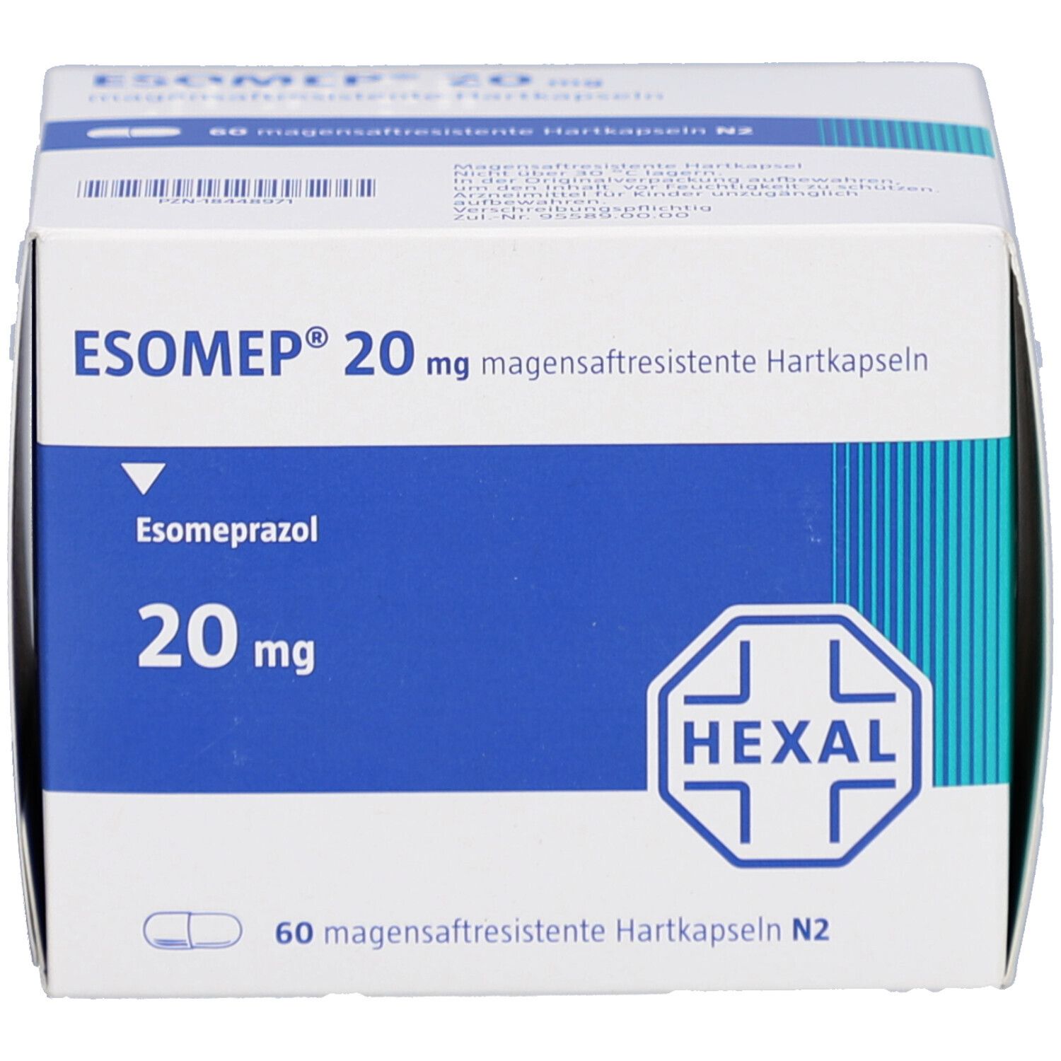 ESOMEP 20 mg Schachtel. Aufschrift: ESOMEP, 20 mg, Hexal-Logo. Enthält 60 magensaftresistente Hartkapseln.