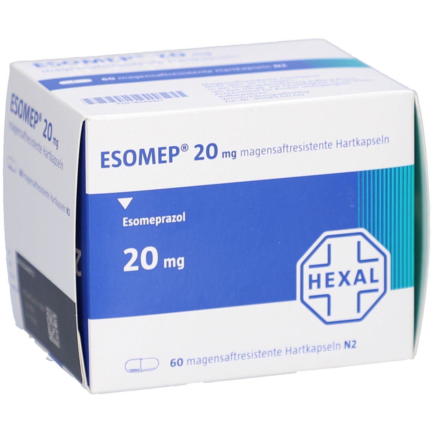 ESOMEP 20 mg Schachtel. Aufschrift: ESOMEP, 20 mg, Hexal-Logo. Enthält 60 magensaftresistente Hartkapseln.