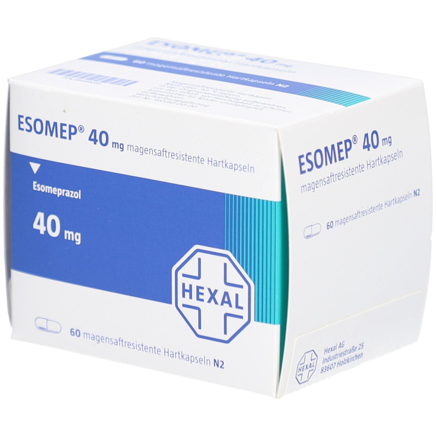 Weiße Schachtel mit blauer Beschriftung. Aufschrift: ESOMEP 40 mg magensaftresistente Hartkapseln. Hexal-Logo.