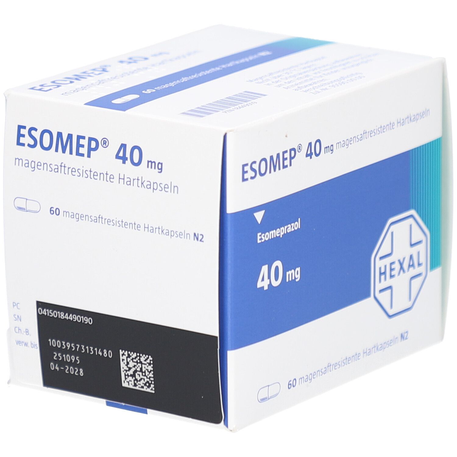 Weiße Schachtel mit blauer Beschriftung. Aufschrift: ESOMEP 40 mg magensaftresistente Hartkapseln. Hexal-Logo. Barcode.