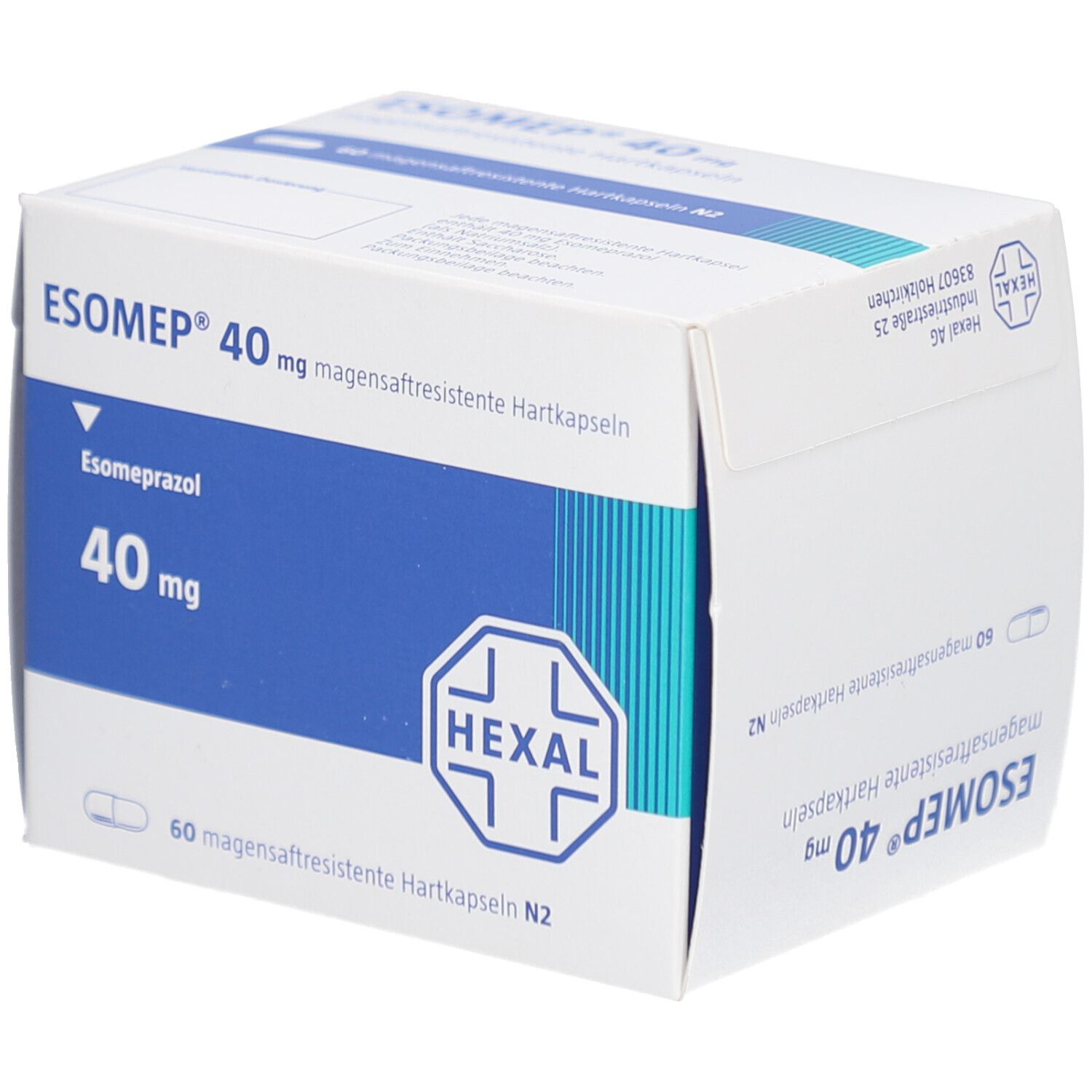 Weiße Schachtel mit blauer Beschriftung. Aufschrift: ESOMEP 40 mg magensaftresistente Hartkapseln. Hexal-Logo.