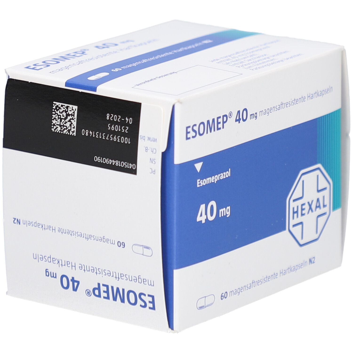 Weiße Schachtel mit blauer Beschriftung. Aufschrift: ESOMEP 40 mg magensaftresistente Hartkapseln. Hexal-Logo. Barcode.