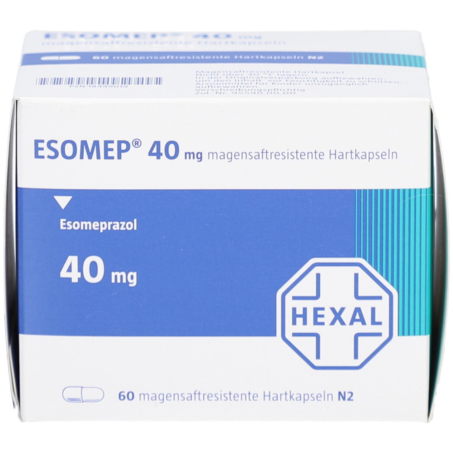Weiße Schachtel mit blauer Beschriftung. Aufschrift: ESOMEP 40 mg magensaftresistente Hartkapseln. Hexal-Logo.
