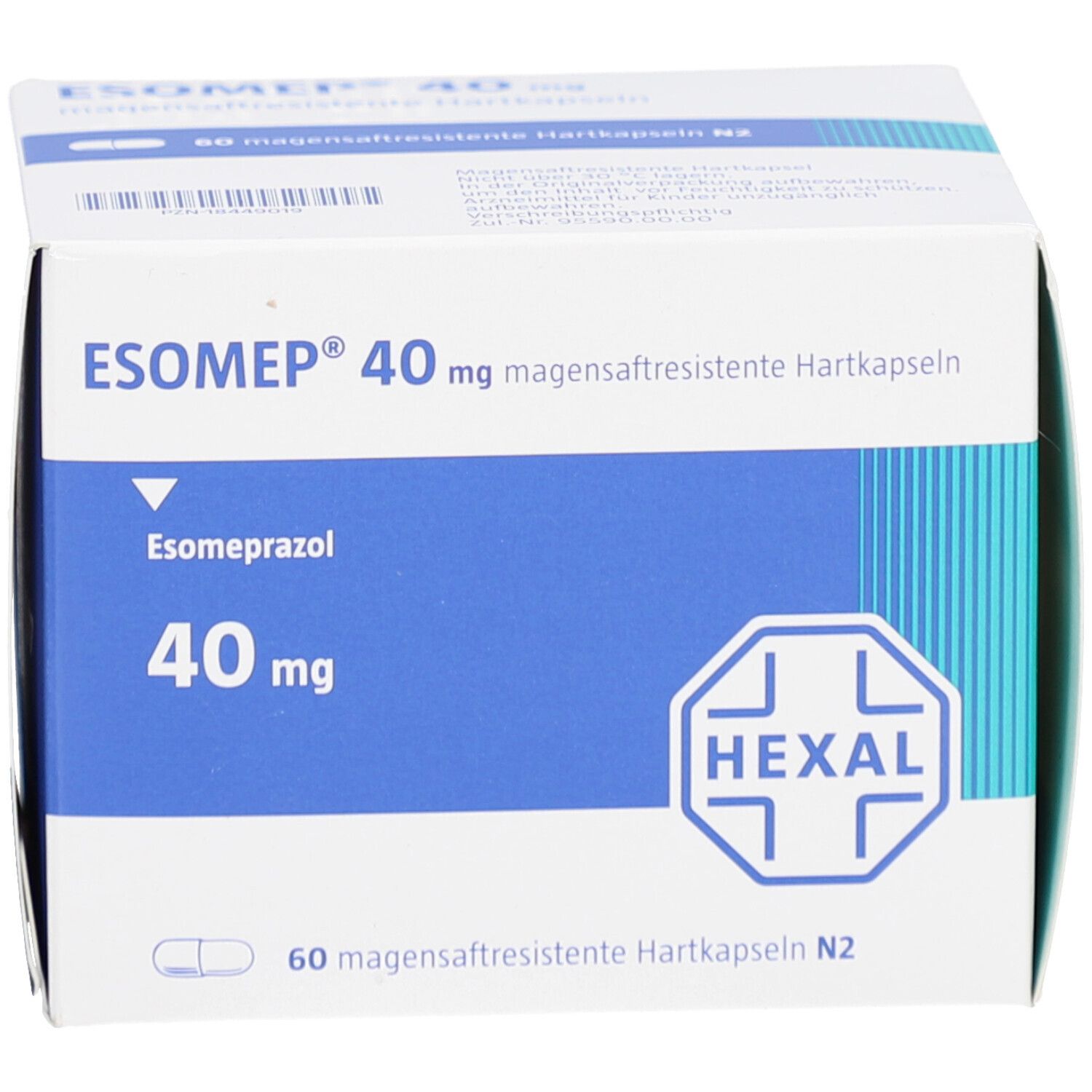 Weiße Schachtel mit blauer Beschriftung. Aufschrift: ESOMEP 40 mg magensaftresistente Hartkapseln. Hexal-Logo.