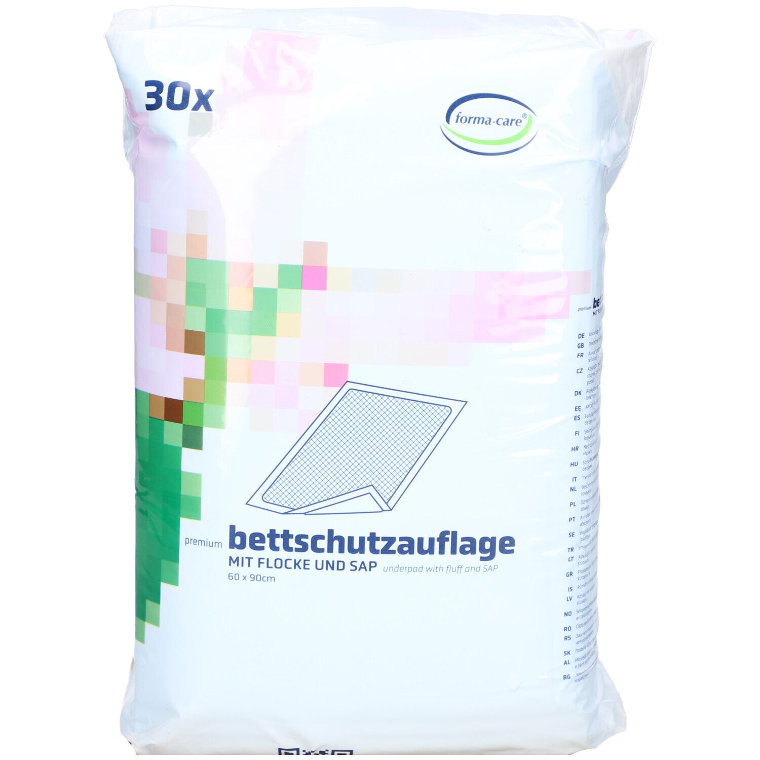 Verpackung FORMA-care Bettschutzauflage. Aufdruck: 30x, Premium, 60x90cm, mit Vlies und SAP. Logo FORMA-care. Weiße Folienverpackung.
