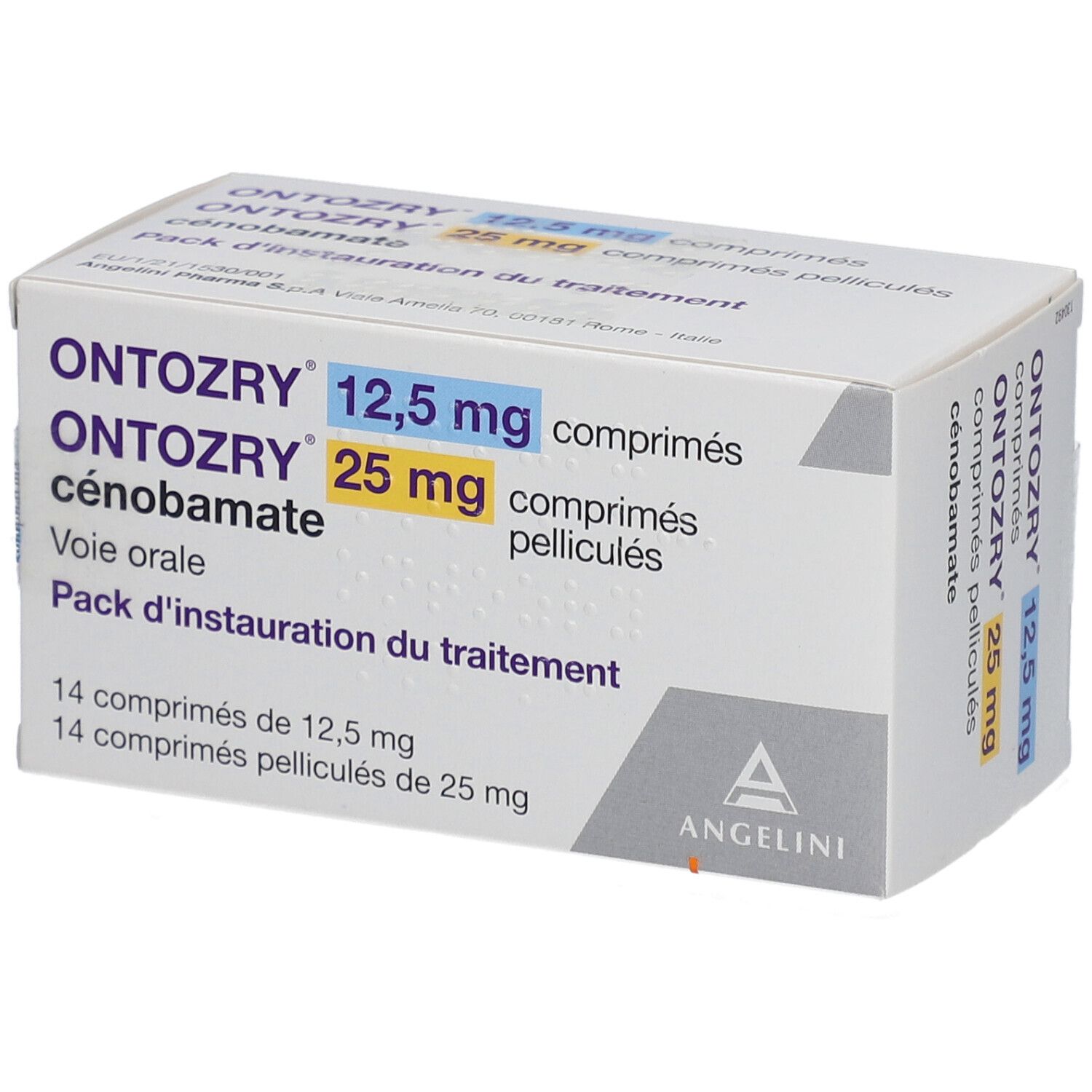 Schachtel mit ONTOZRY 12,5 mg und 25 mg Tabletten. Aufschrift: cénobamate, comprimés pelliculés, Pack d'instauration du traitement.