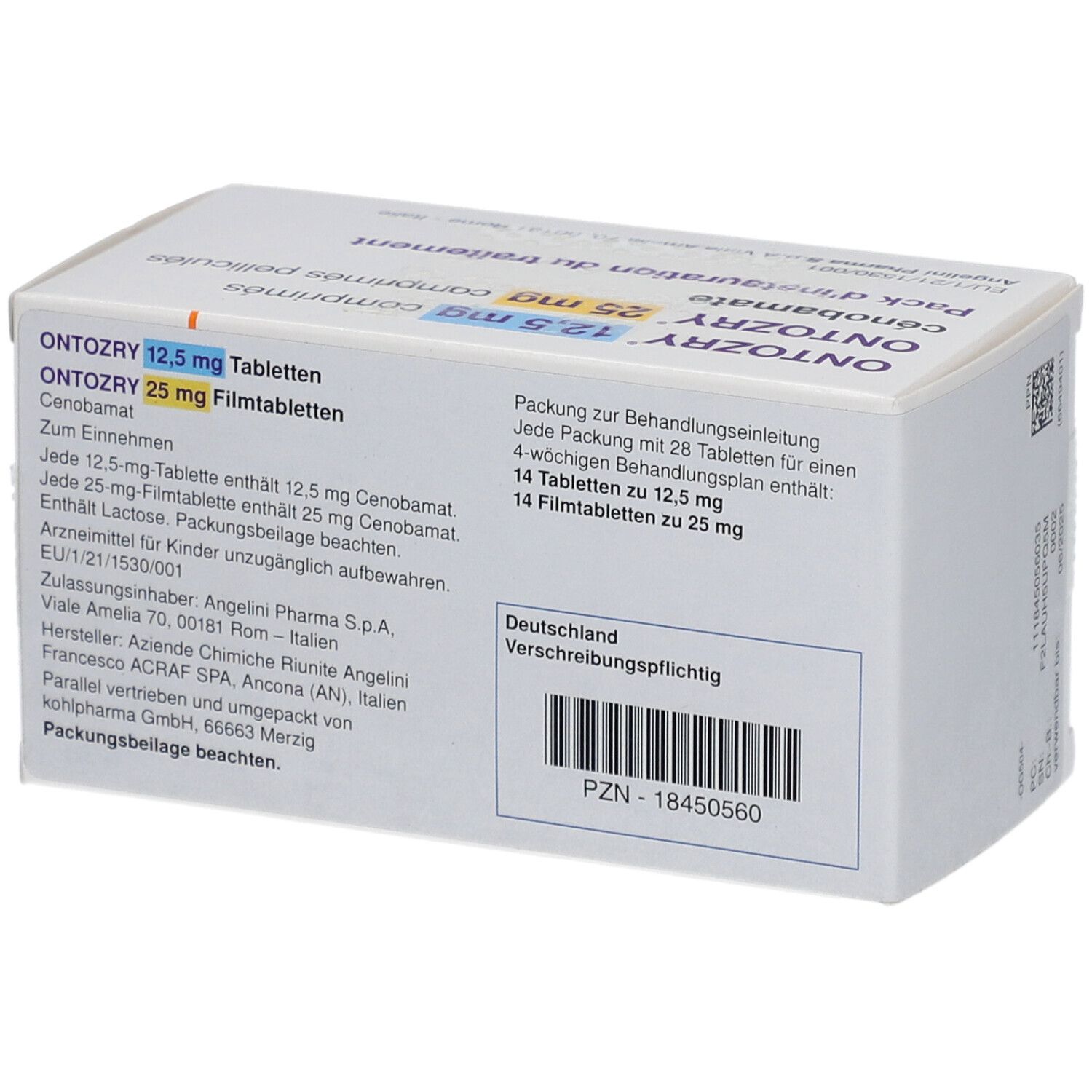 Rückseite der Schachtel mit ONTOZRY 12,5 mg und 25 mg Tabletten. Text: Packung zur Behandlungseinteilung, 28 Tabletten.