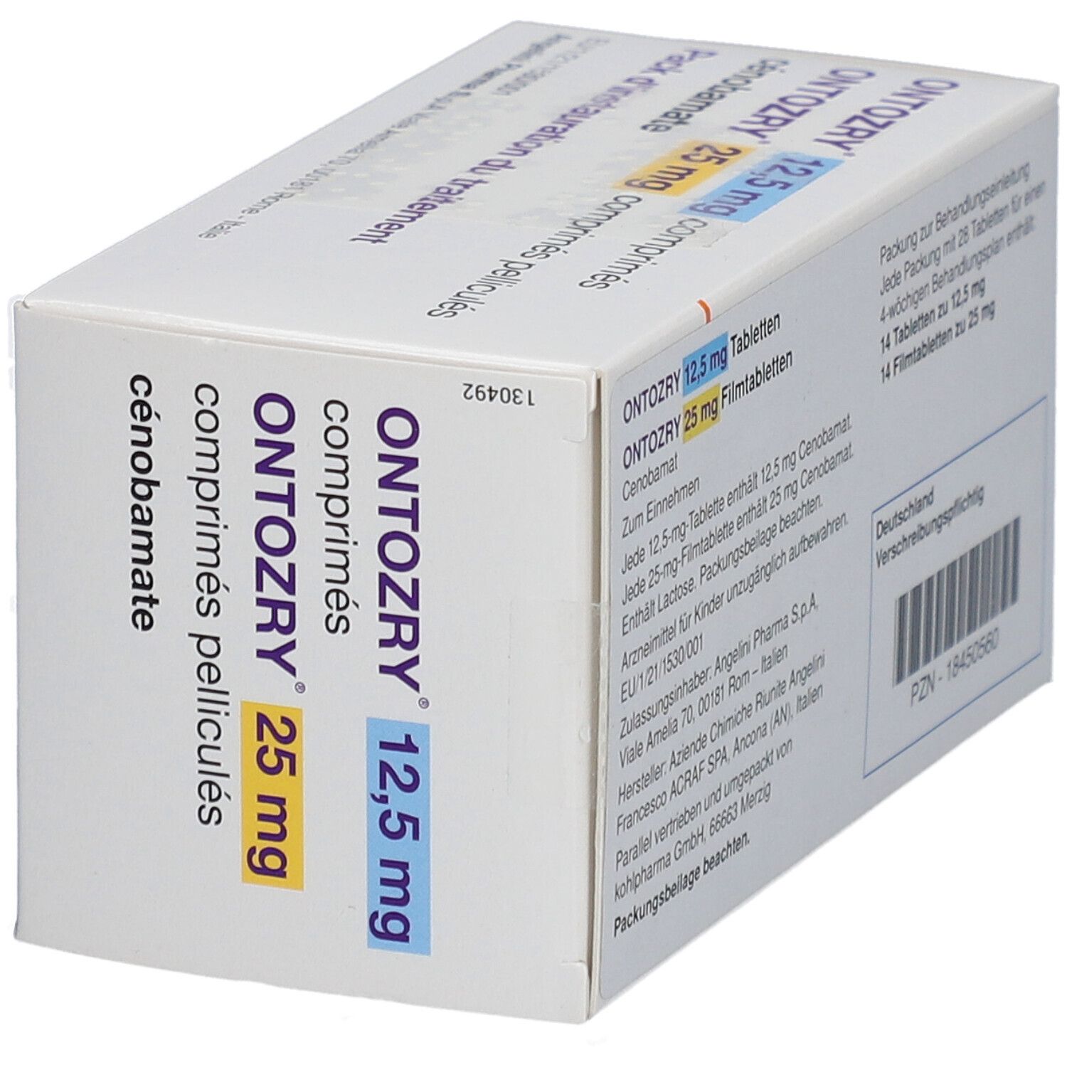 Schachtel mit ONTOZRY 12,5 mg und 25 mg Tabletten. Aufschrift: cénobamate, comprimés pelliculés.