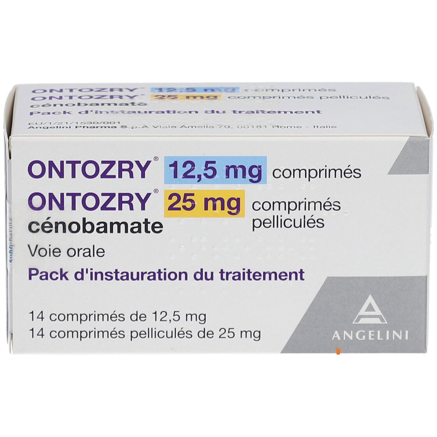 Schachtel mit ONTOZRY 12,5 mg und 25 mg Tabletten. Aufschrift: cénobamate, comprimés pelliculés, Pack d'instauration du traitement.