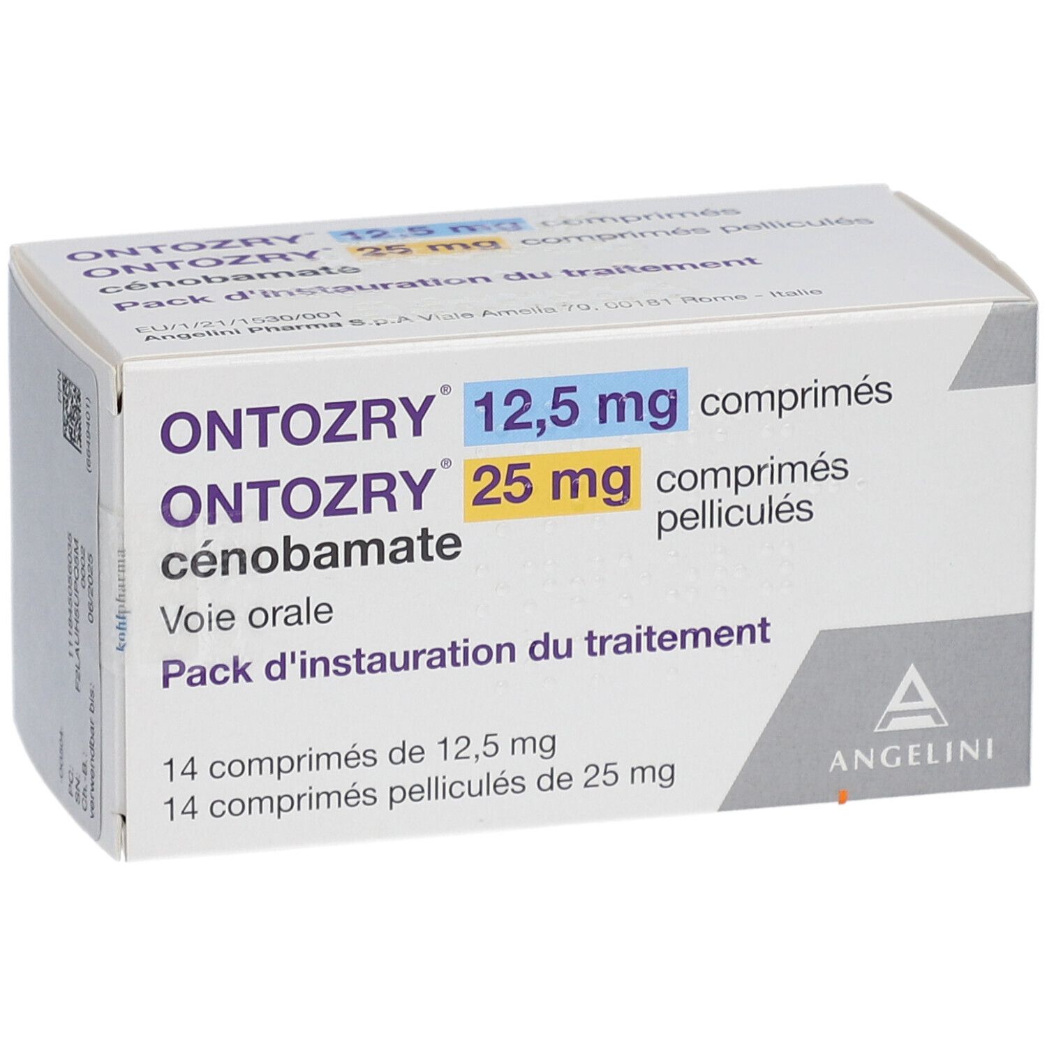 Schachtel mit ONTOZRY 12,5 mg und 25 mg Tabletten. Aufschrift: cénobamate, comprimés pelliculés, Pack d'instauration du traitement.