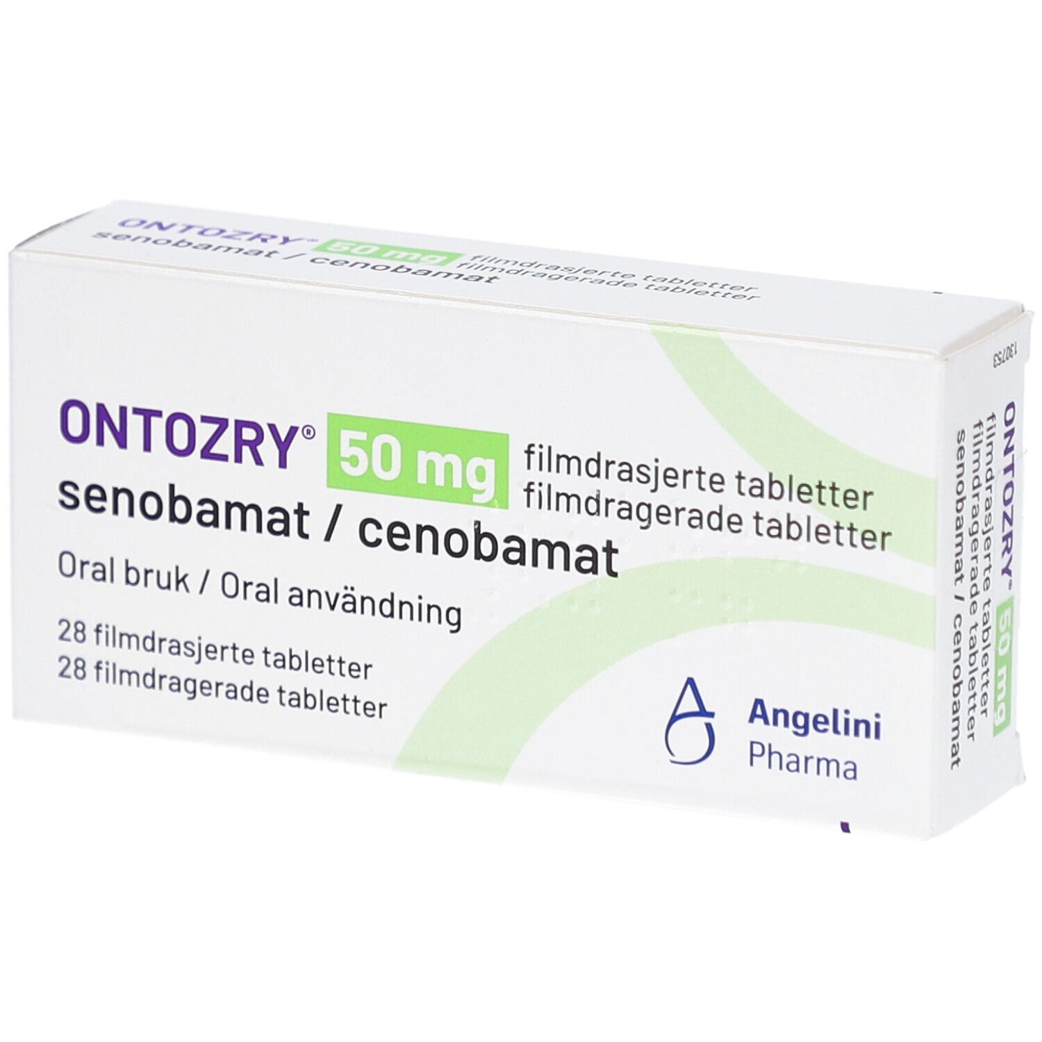 Schachtel mit ONTOZRY 50 mg Filmtabletten. Grün-weiße Verpackung. Enthält 28 Tabletten. Angelini Pharma Logo.
