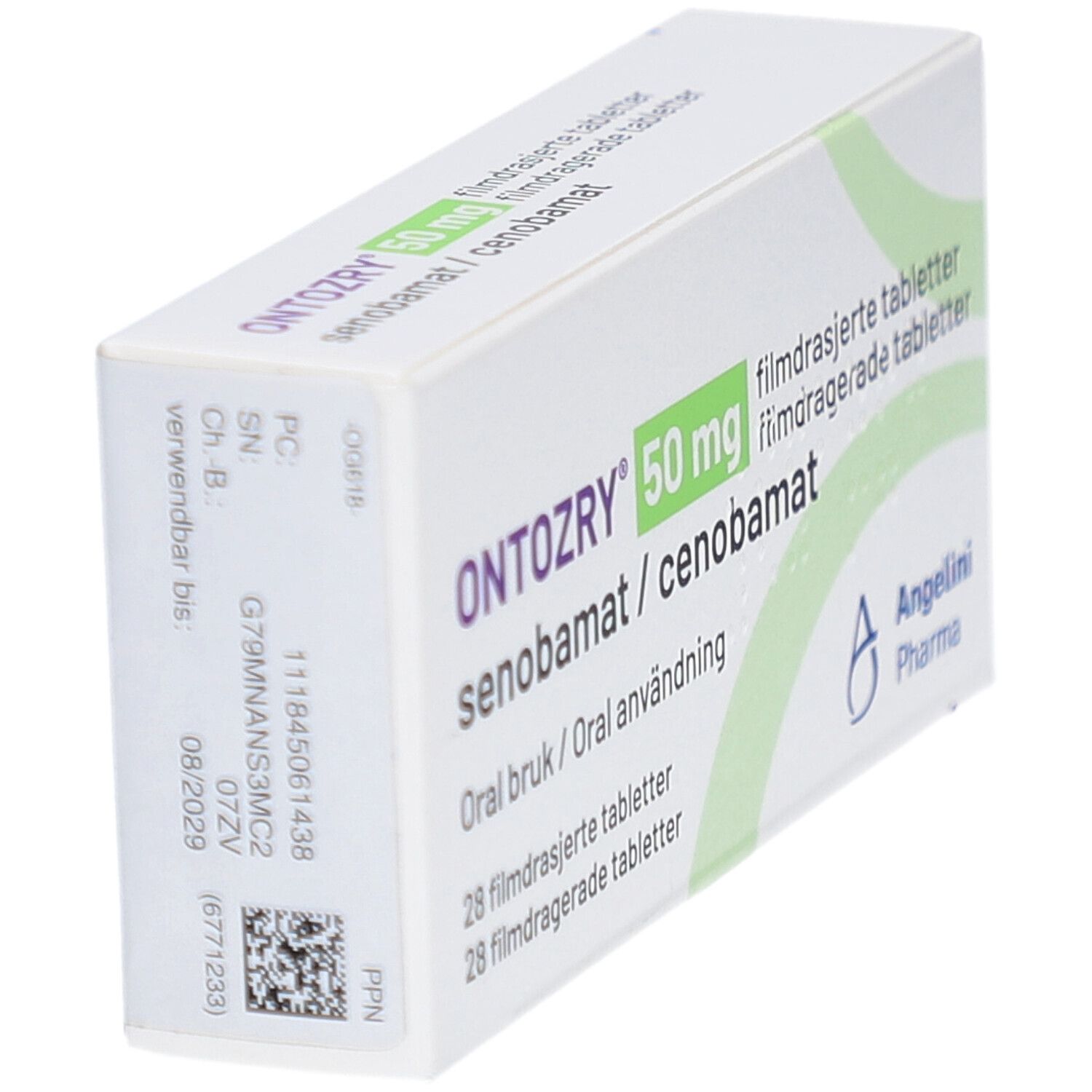 Schachtel ONTOZRY 50 mg, schräg. Weiße Verpackung mit grünen Akzenten. Enthält 28 Filmtabletten. Angelini Pharma Logo.