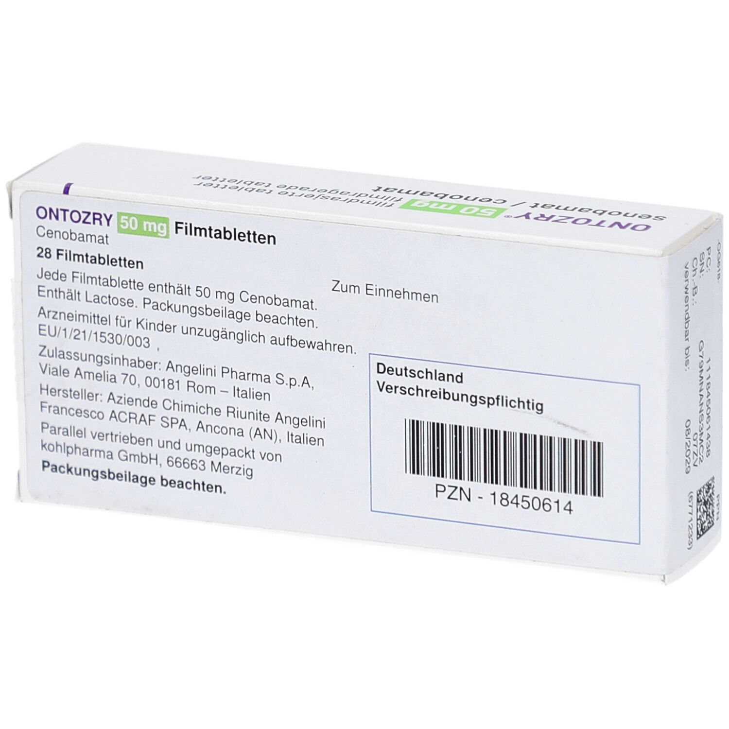 Rückseite der ONTOZRY 50 mg Schachtel. Enthält Informationen und Barcode. Text in Deutsch. Verschreibungspflichtig.