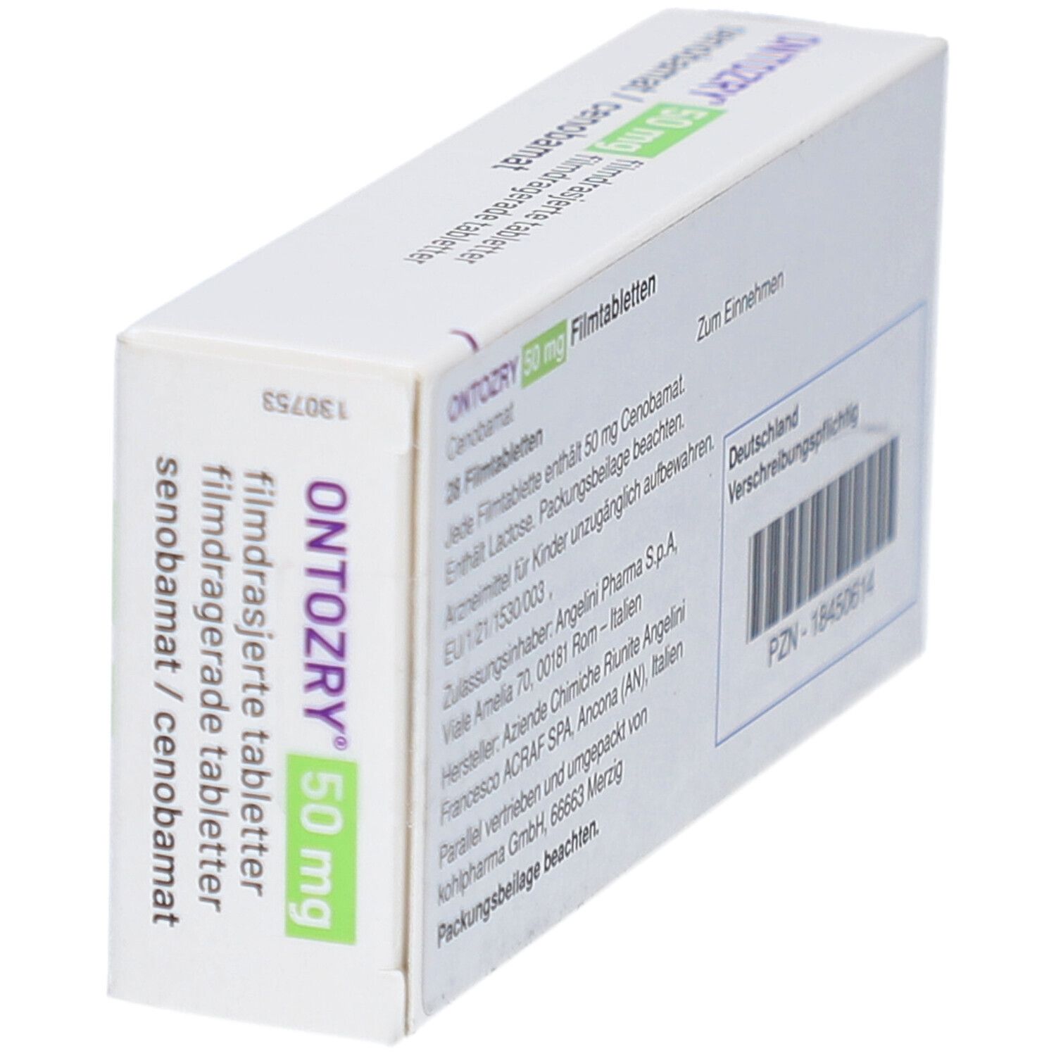 ONTOZRY 50 mg Schachtel, schräg. Weiße Verpackung mit grünen Akzenten. Text und Logo sichtbar.