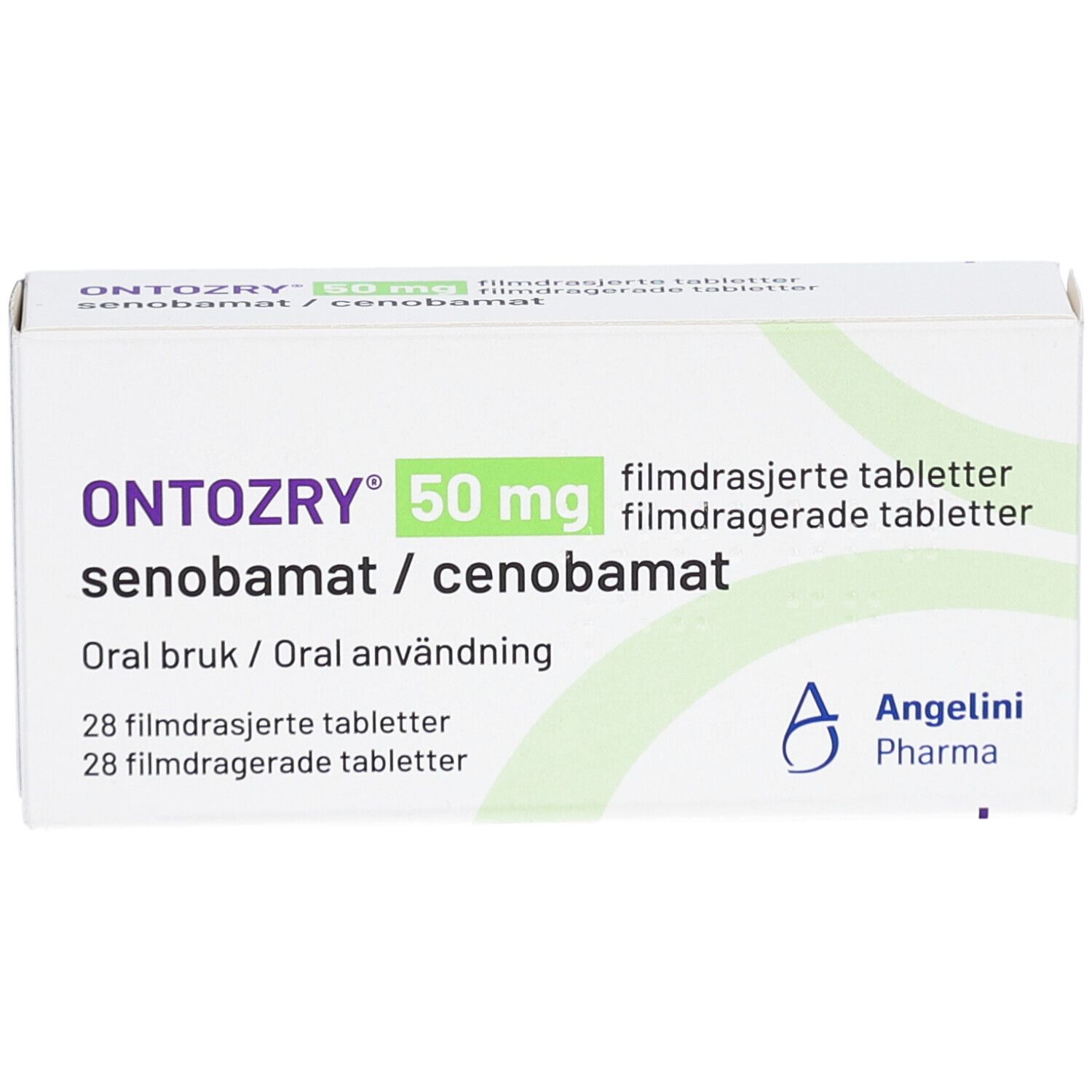 ONTOZRY 50 mg Schachtel. Weiße Verpackung mit grünen Akzenten. Enthält 28 Filmtabletten. Angelini Pharma Logo.