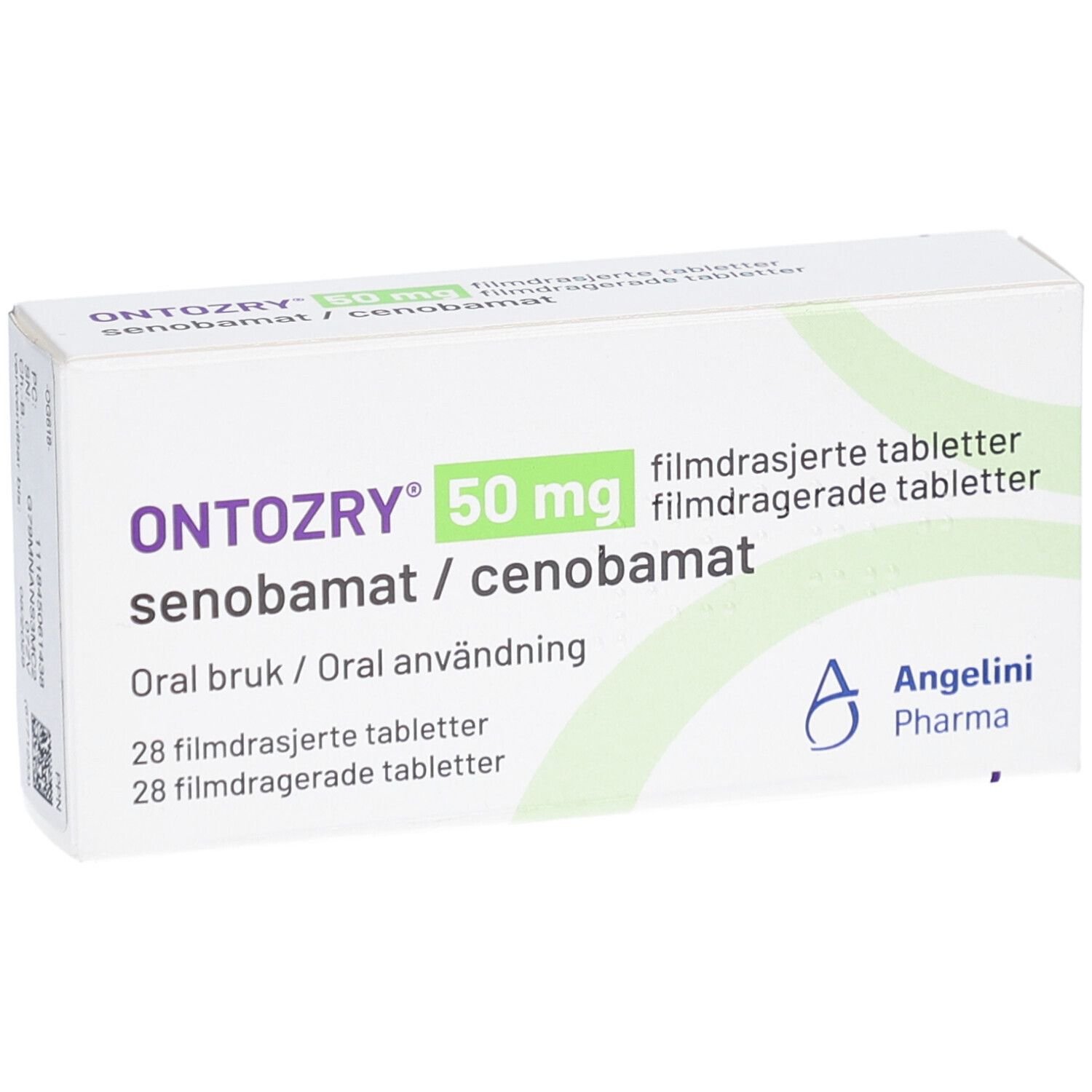 ONTOZRY 50 mg Schachtel. Weiße Verpackung mit grünen Akzenten. Enthält 28 Filmtabletten. Angelini Pharma Logo.