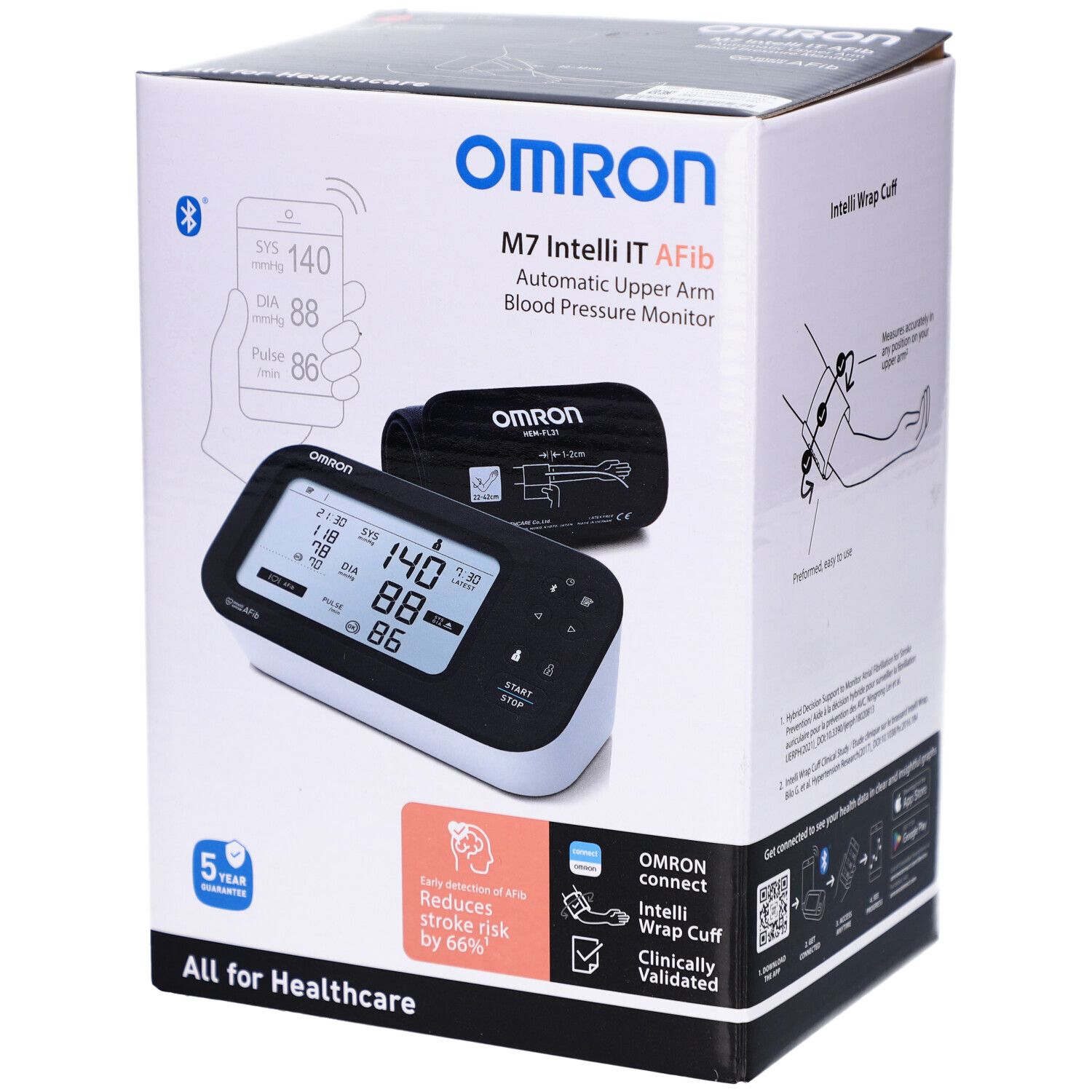 Verpackung des OMRON M7 Intelli IT AFib Blutdruckmessgeräts. Zeigt das Gerät und Manschette. Mit Bluetooth-Logo und 5 Jahre Garantie.