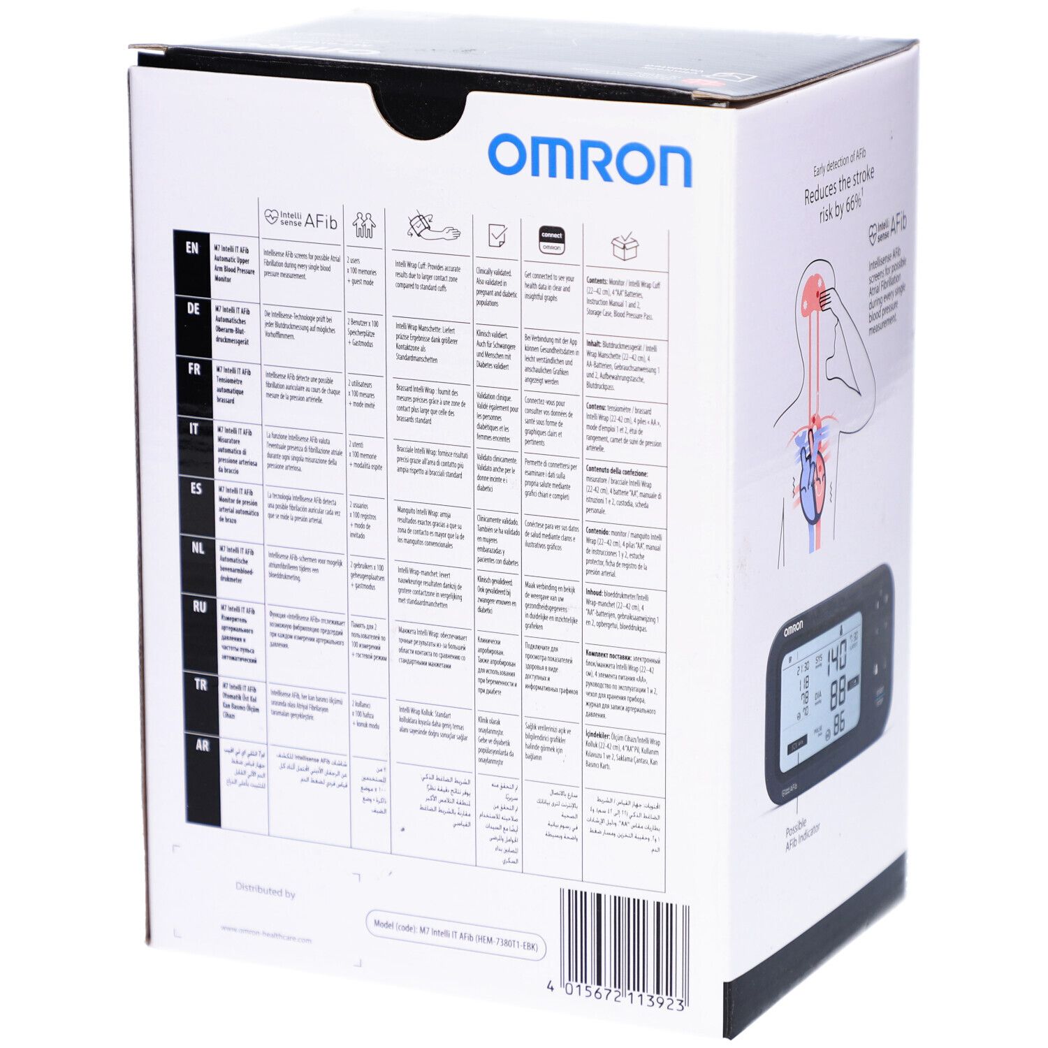 Rückseite der Verpackung des OMRON M7 Intelli IT AFib. Mehrsprachige Informationen und Diagramme.