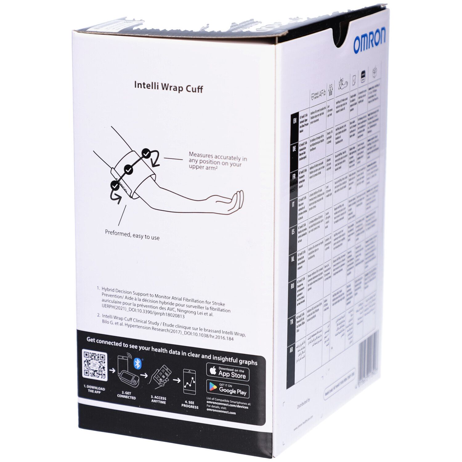 Verpackung des OMRON M7 Intelli IT AFib. Illustration der Manschette am Arm. Informationen zur einfachen Anwendung.
