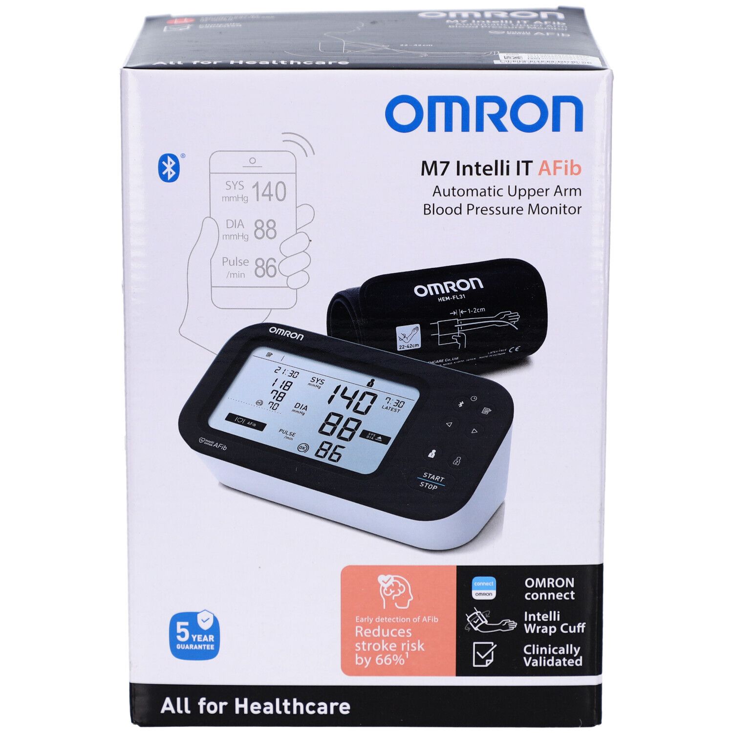 Verpackung des OMRON M7 Intelli IT AFib. Zeigt das Gerät, Manschette und Display. Mit Bluetooth-Logo und Garantie.