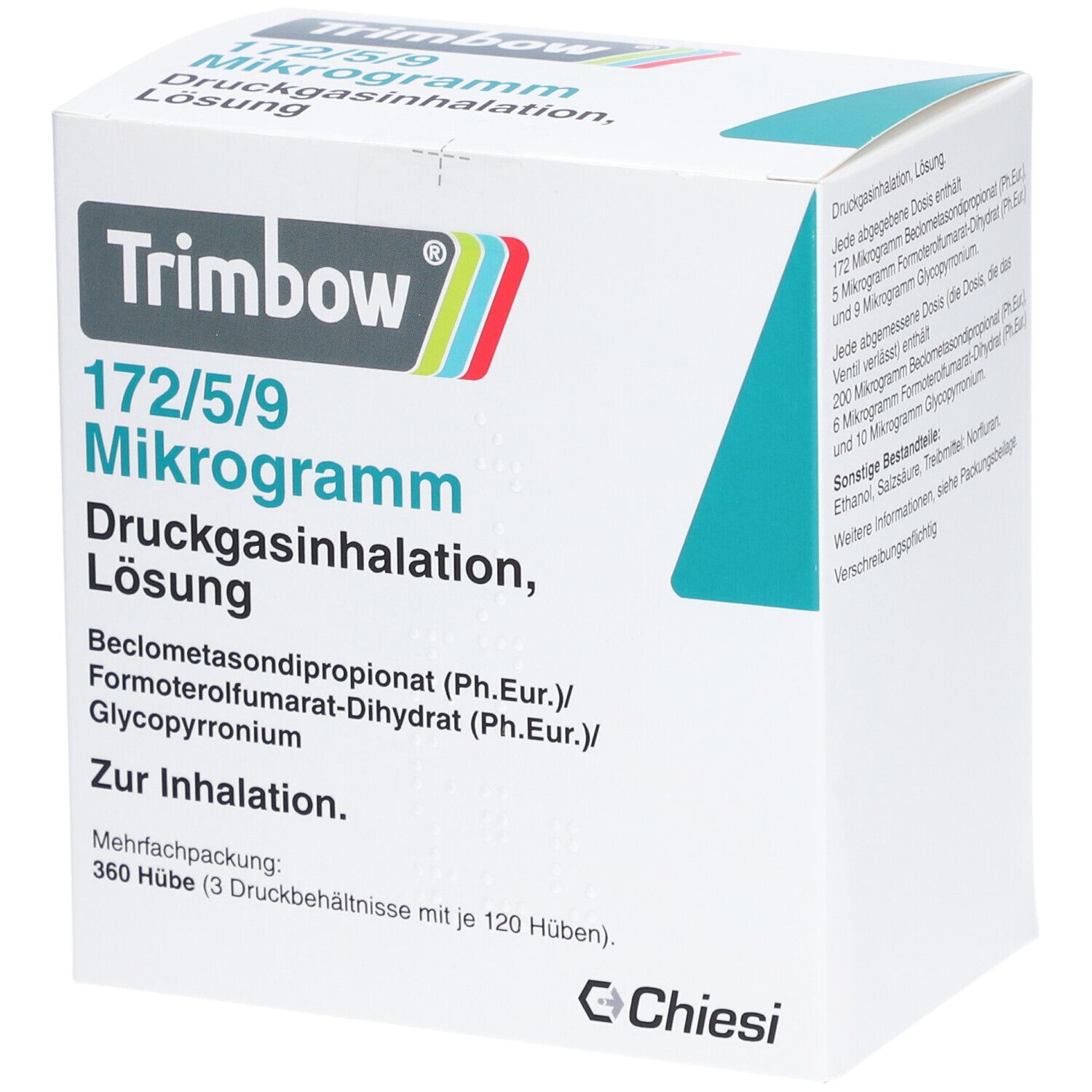Weiße Faltschachtel mit Produktinformationen. Aufdruck: Trimbow 172/5/9 Mikrogramm, Druckgasinhalation, Lösung. Chiesi Logo.