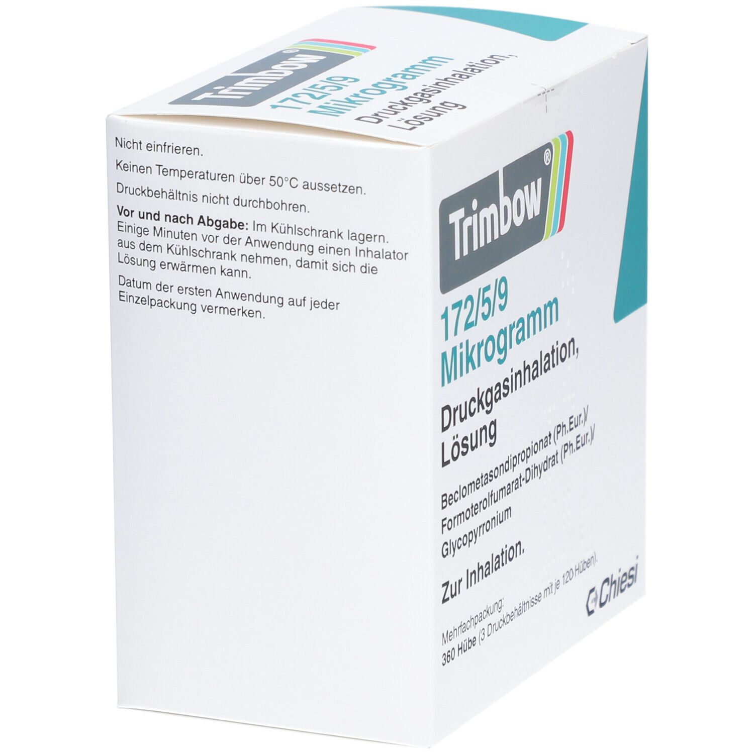 Schräg gestellte weiße Faltschachtel. Aufdruck: Trimbow 172/5/9 Mikrogramm, Druckgasinhalation, Lösung. Chiesi Logo. Text und Warnhinweise.