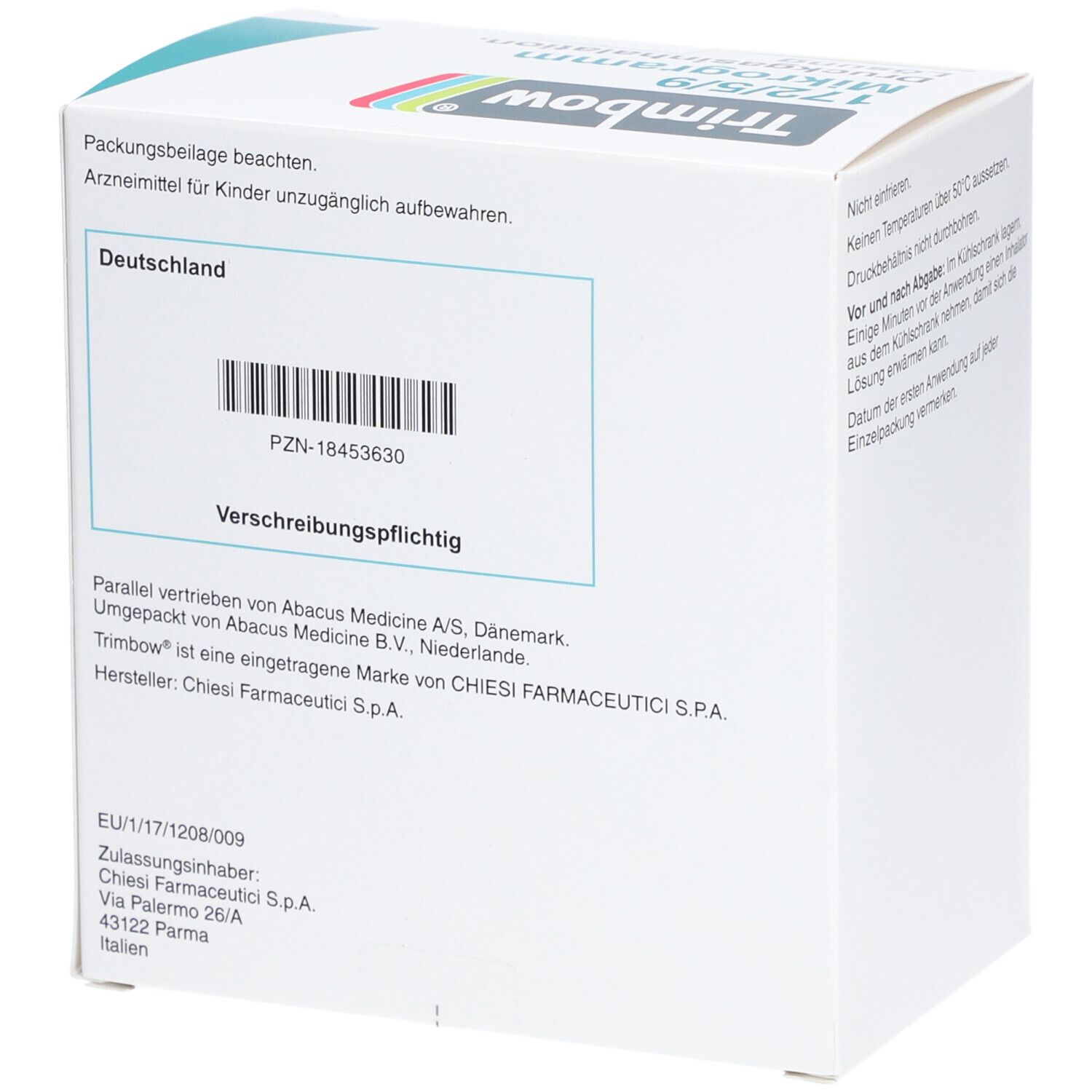 Rückseite der weißen Faltschachtel. Text: PZN-18453630, Verschreibungspflichtig. Hersteller: Chiesi Farmaceutici S.p.A. EU-Informationen.