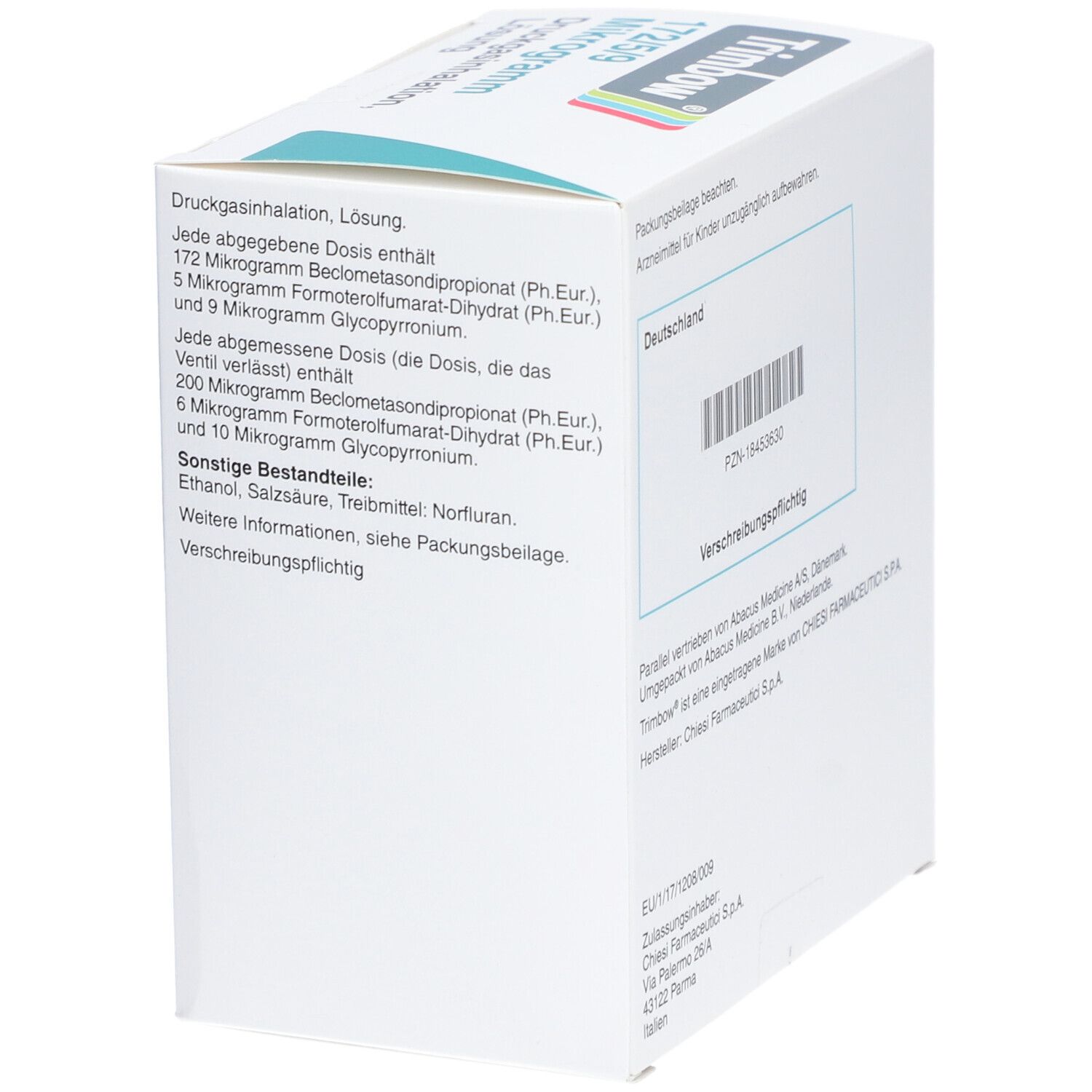 Rückseite der weißen Faltschachtel. Text: Dosierung, Inhaltsstoffe, Warnhinweise. Hersteller: Chiesi Farmaceutici S.p.A. EU-Informationen.