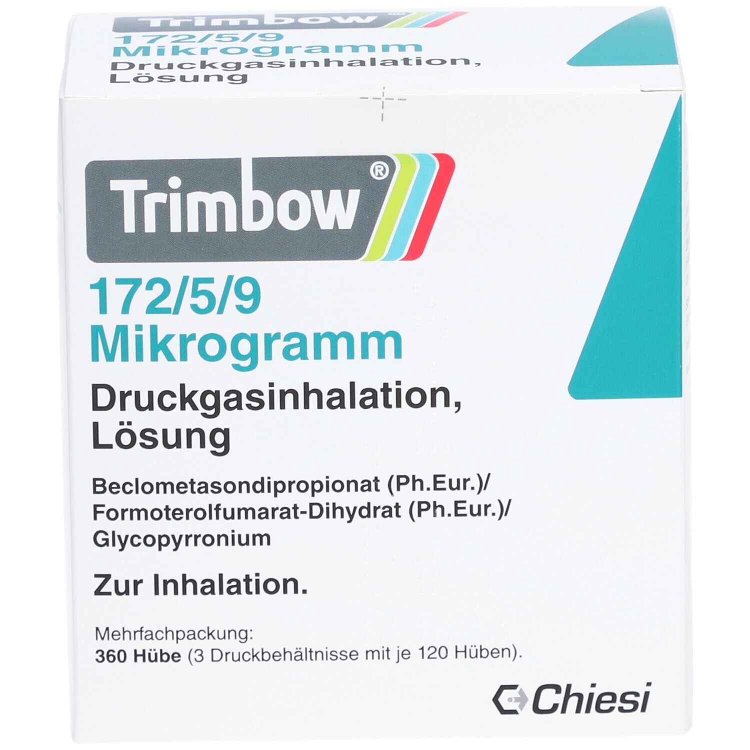 Weiße Faltschachtel mit Produktinformationen. Aufdruck: Trimbow 172/5/9 Mikrogramm, Druckgasinhalation, Lösung. Chiesi Logo.