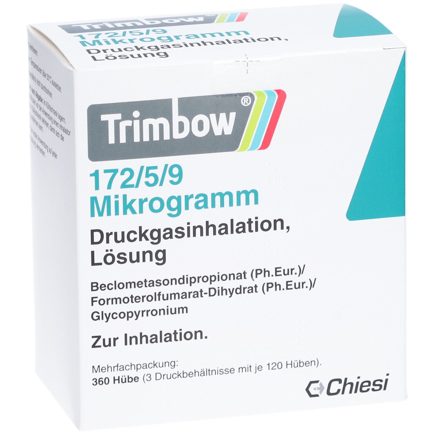 Weiße Faltschachtel mit Produktinformationen. Aufdruck: Trimbow 172/5/9 Mikrogramm, Druckgasinhalation, Lösung. Chiesi Logo.