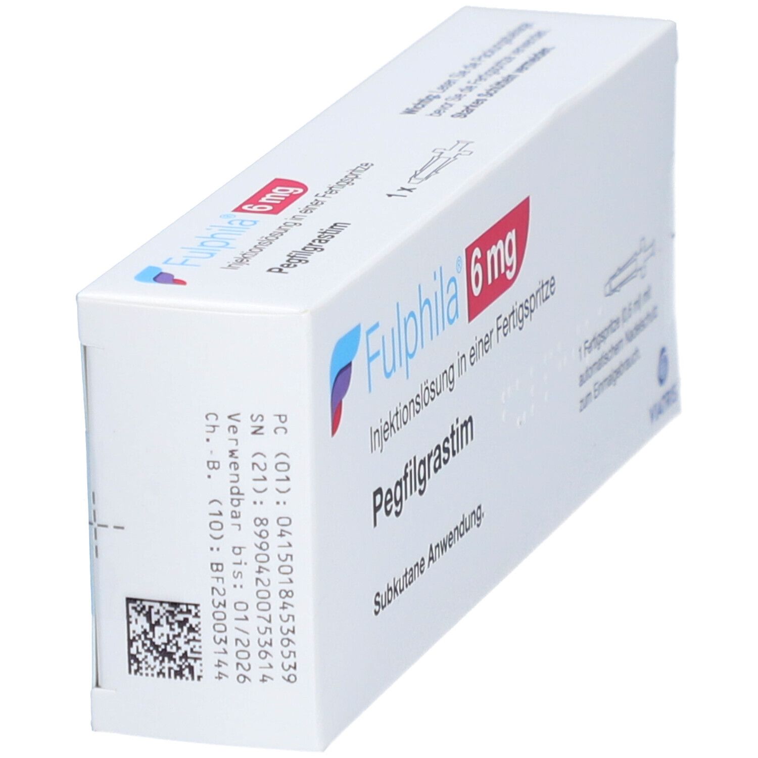 Schrägansicht der FULPHILA 6 mg Packung. Zeigt Text und Barcode. Viatris Logo.