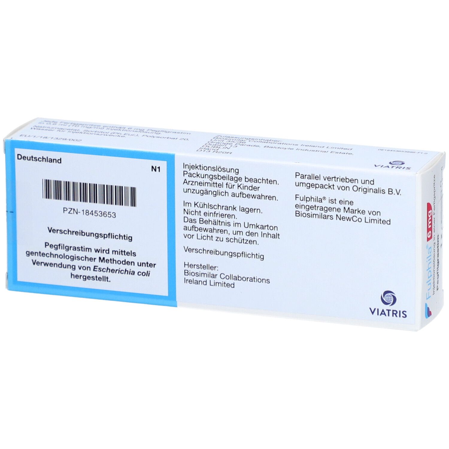 Rückseite der FULPHILA 6 mg Packung. Enthält Text, Barcode und Viatris Logo.