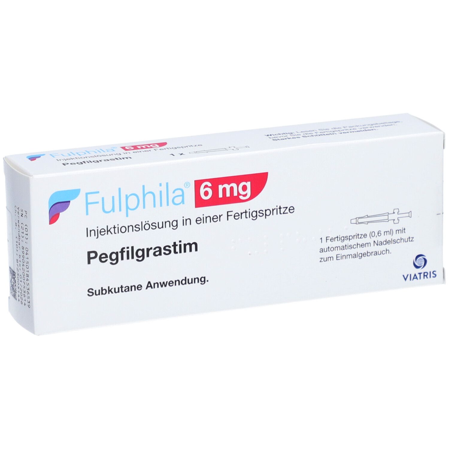 FULPHILA 6 mg Packung. Enthält eine Fertigspritze. Viatris Logo.
