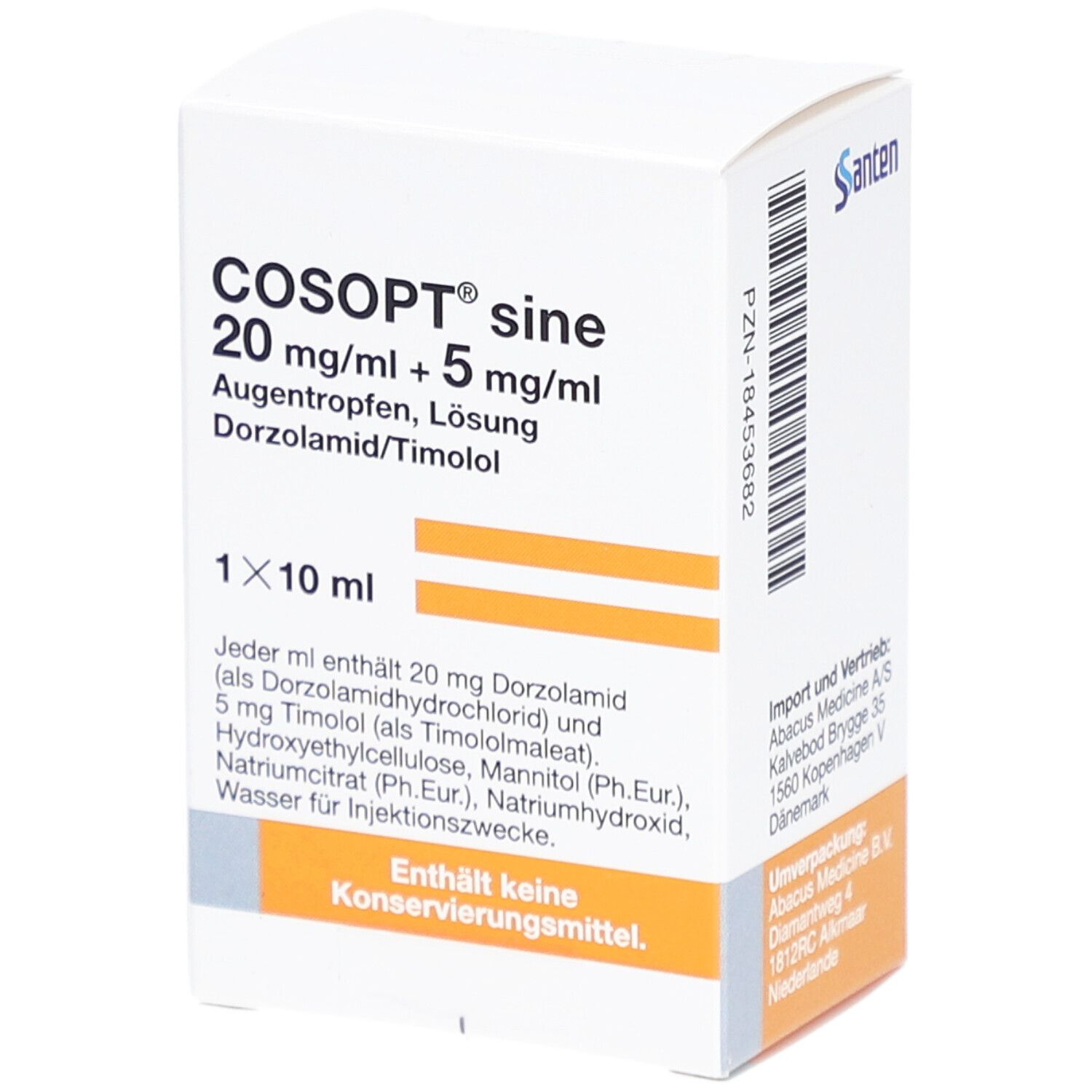 Weiße Faltschachtel mit COSOPT sine 20 mg/ml + 5 mg/ml Augentropfen Lösung. Enthält 1x10 ml. Text in Deutsch.