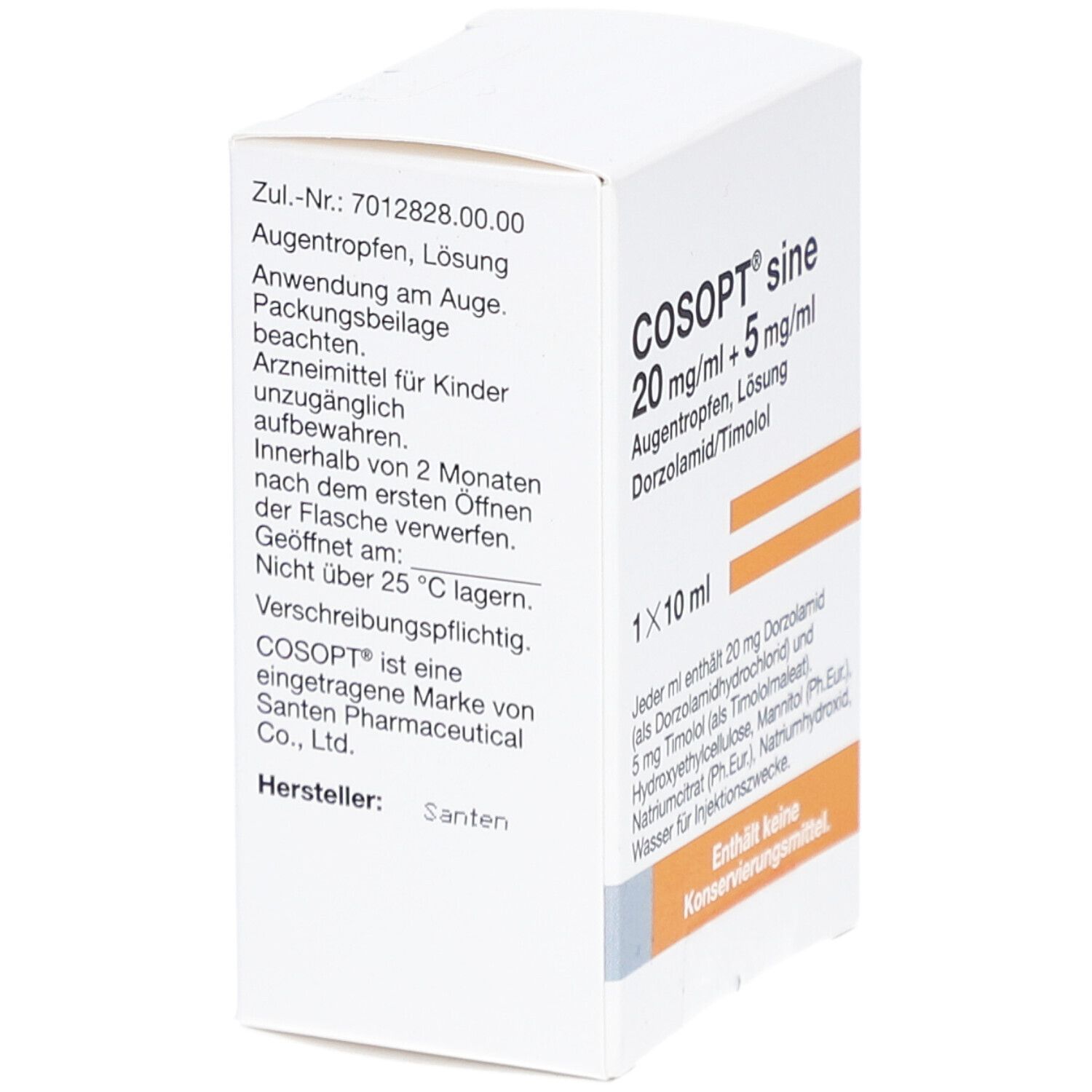 Weiße Faltschachtel mit COSOPT sine 20 mg/ml + 5 mg/ml Augentropfen Lösung. Enthält 1x10 ml. Text in Deutsch.
