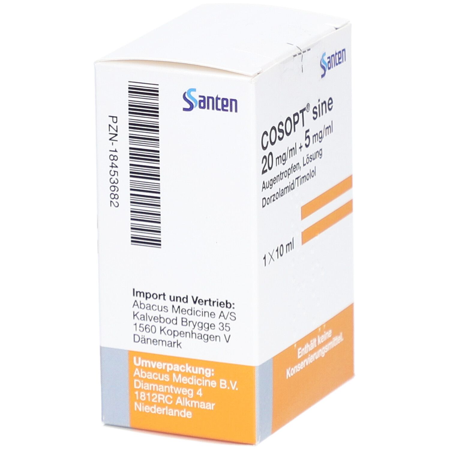 Weiße Faltschachtel mit COSOPT sine 20 mg/ml + 5 mg/ml Augentropfen Lösung. Enthält 1x10 ml. Text in Deutsch.