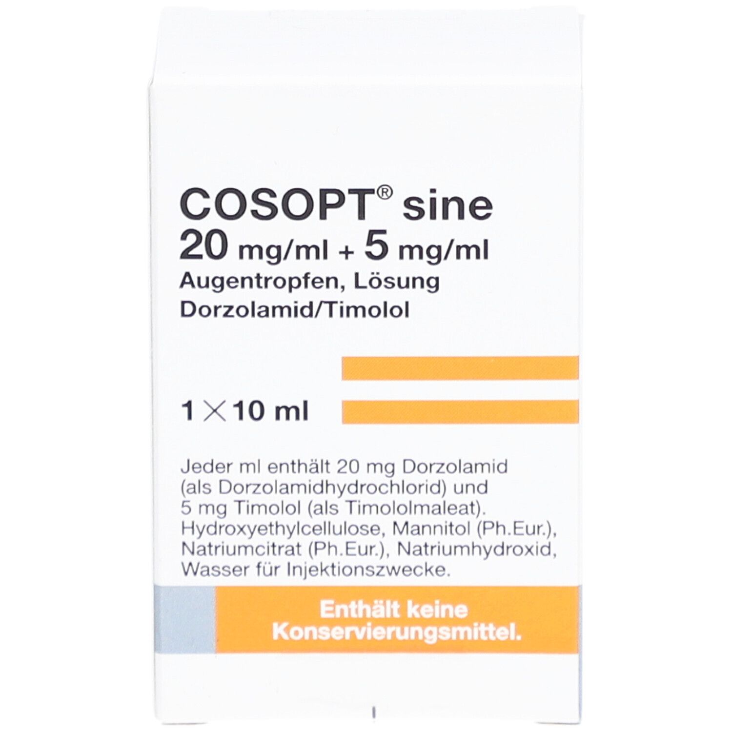 Weiße Faltschachtel mit COSOPT sine 20 mg/ml + 5 mg/ml Augentropfen Lösung. Enthält 1x10 ml. Text in Deutsch.