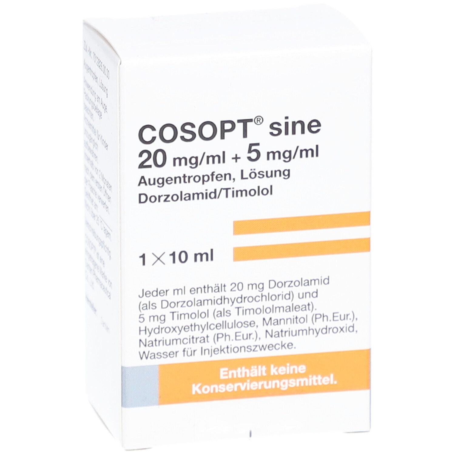 Weiße Faltschachtel mit COSOPT sine 20 mg/ml + 5 mg/ml Augentropfen Lösung. Enthält 1x10 ml. Text in Deutsch.
