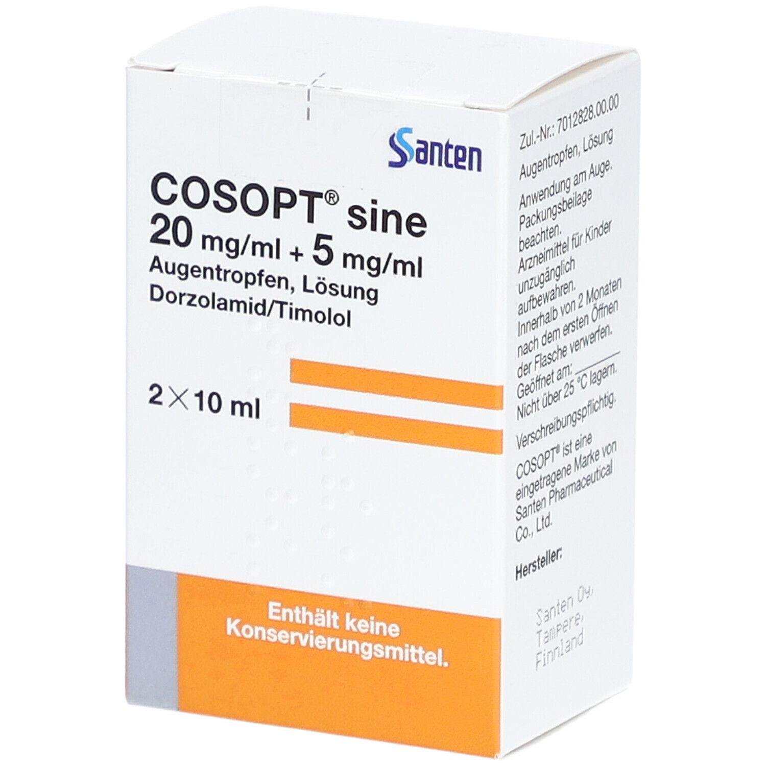 Weiße Faltschachtel mit COSOPT sine 20 mg/ml + 5 mg/ml Augentropfen. Enthält 2x10 ml. Marke Santen. Text in Deutsch.