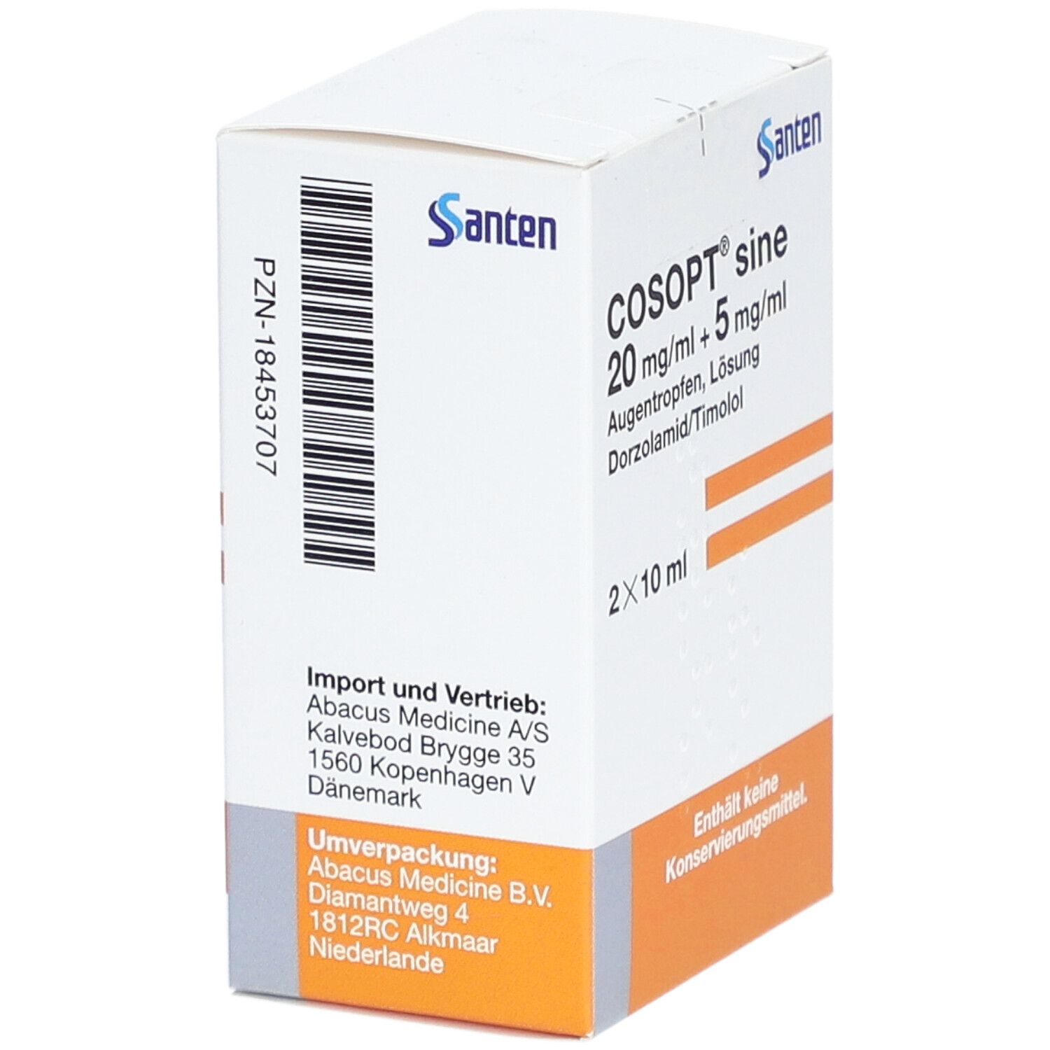 Weiße Faltschachtel mit COSOPT sine 20 mg/ml + 5 mg/ml Augentropfen. Enthält 2x10 ml. Marke Santen. Text in Deutsch. Import- und Vertriebsinformationen.
