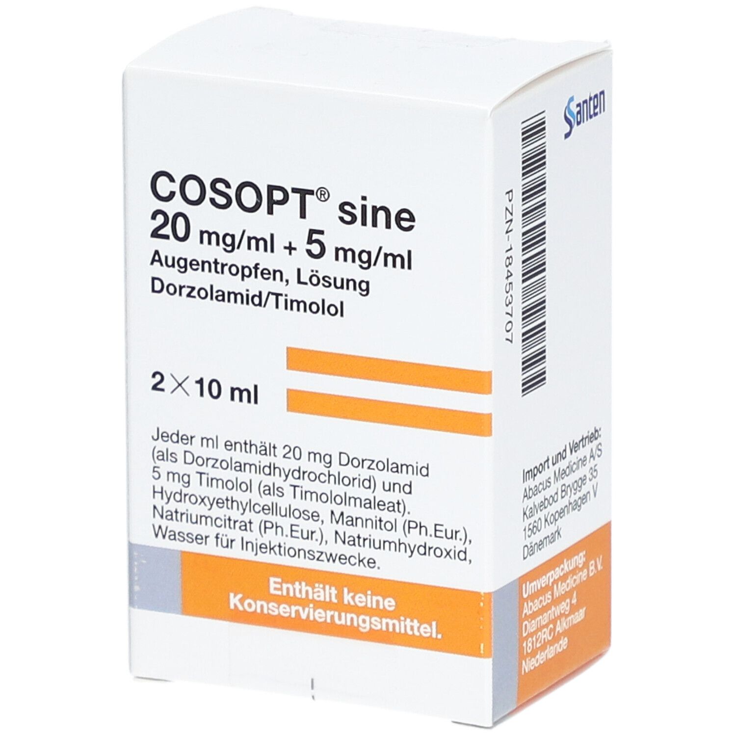 Weiße Faltschachtel mit COSOPT sine 20 mg/ml + 5 mg/ml Augentropfen. Enthält 2x10 ml. Marke Santen. Text in Deutsch. Inhaltsstoffangaben.