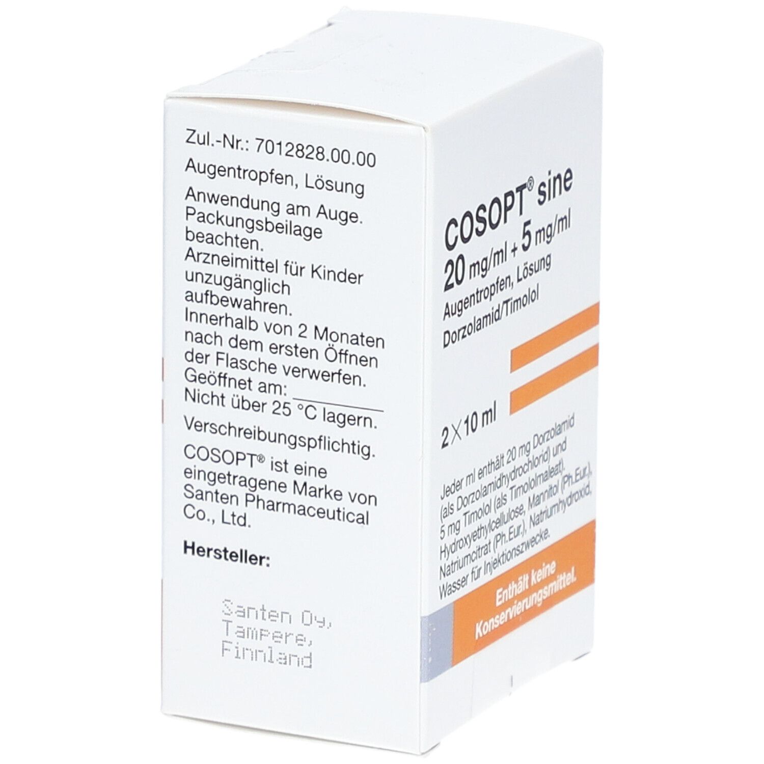 Weiße Faltschachtel mit COSOPT sine 20 mg/ml + 5 mg/ml Augentropfen. Enthält 2x10 ml. Marke Santen. Text in Deutsch. Rückseite mit Text.