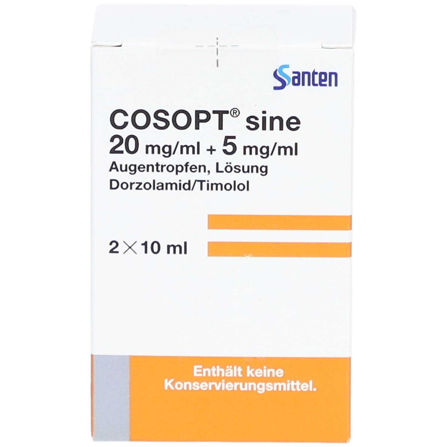 Weiße Faltschachtel mit COSOPT sine 20 mg/ml + 5 mg/ml Augentropfen. Enthält 2x10 ml. Marke Santen. Text in Deutsch. Vorderansicht.