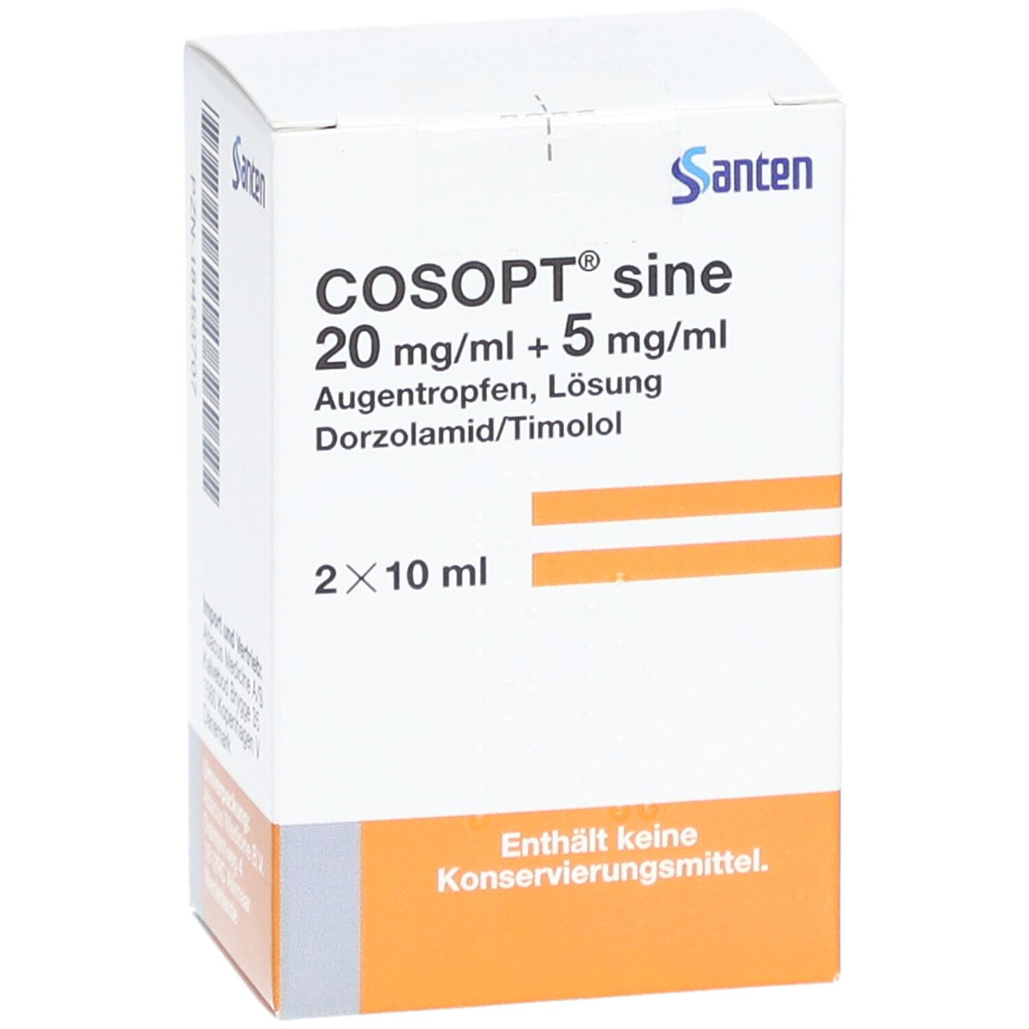 Weiße Faltschachtel mit COSOPT sine 20 mg/ml + 5 mg/ml Augentropfen. Enthält 2x10 ml. Marke Santen. Text in Deutsch. Seitenansicht.